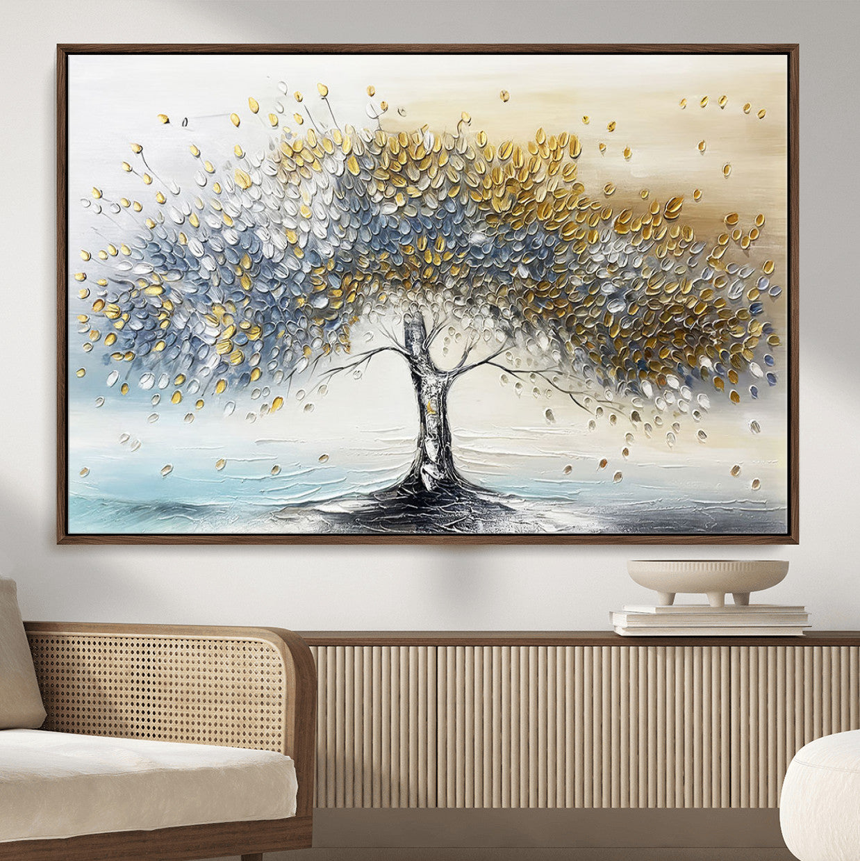 37744-MGV-CV-36X24-Golden and Silver Tree Wall Art – Framed Elegant Leaves Canvas Artwork, Modern Nature Design, Decor for Home, Office