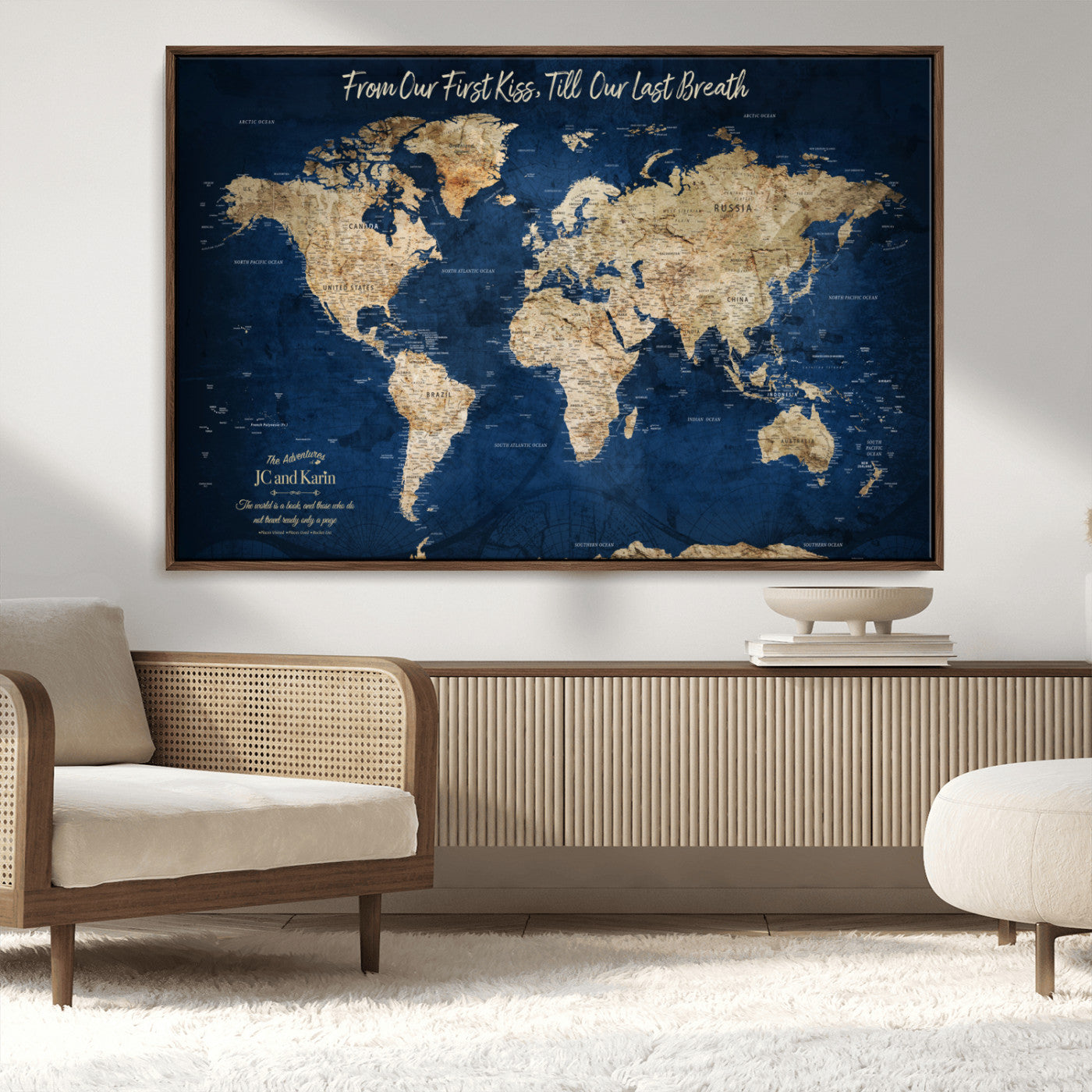 -Personalized Push Pin World Map Canvas Print – Custom Couple Travel Tracker Wall Art, Framed Anniversary Gift for Home Decor