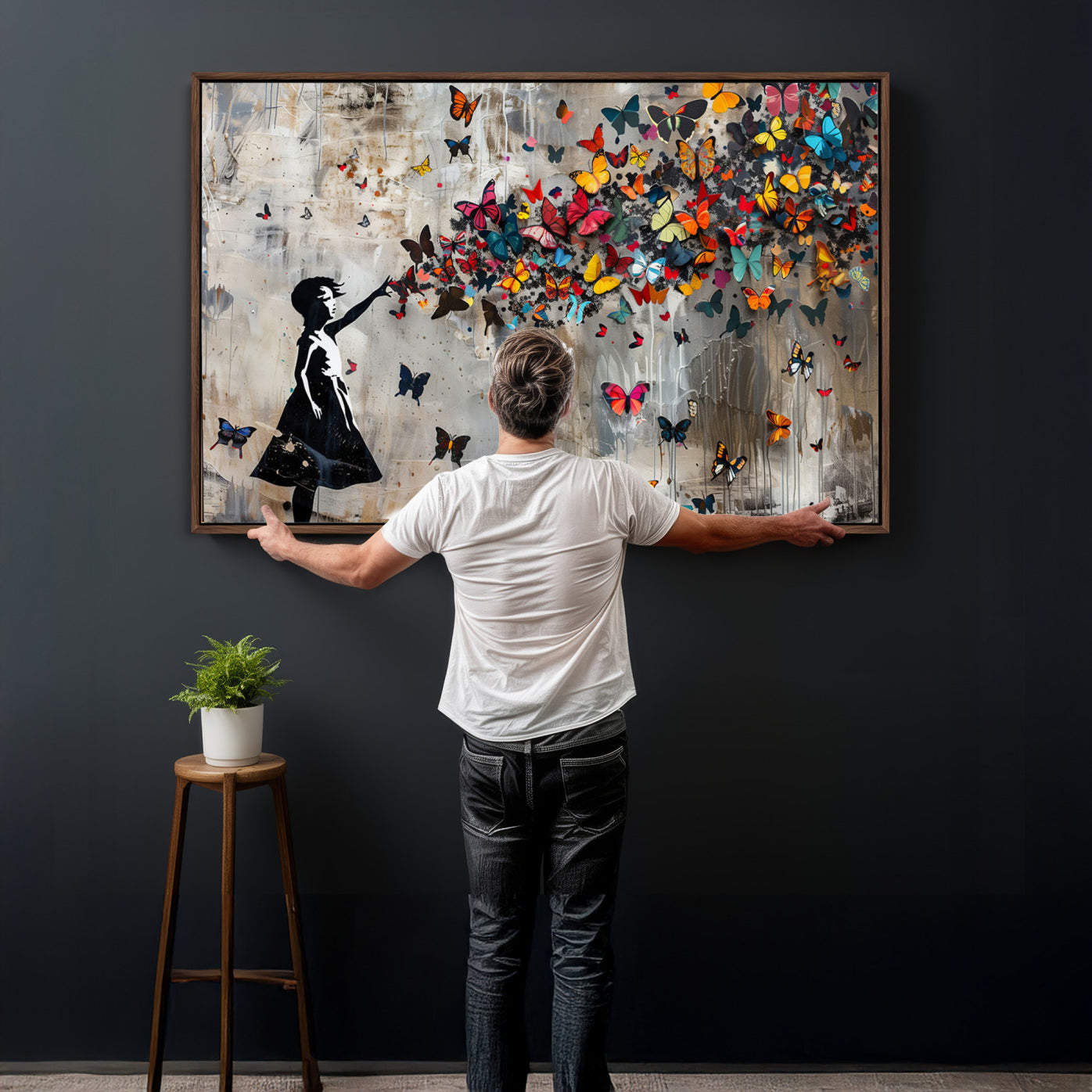 51446-MGV-CV-36X24 - Framed Banksy Butterfly Girl Wall Art ,3-Piece Butterfly Girl Canvas, Modern Graffiti Canvas Print