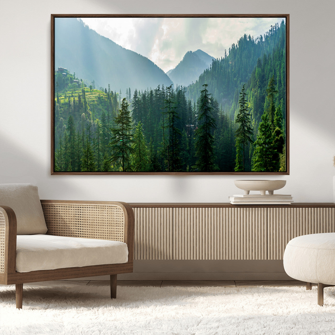 83417191-MGV-CV-36X24-Misty Forest Mountain Wall Art Canvas Print – Framed Serene Nature Scene with Tranquil Valley Artwork for Home, Office