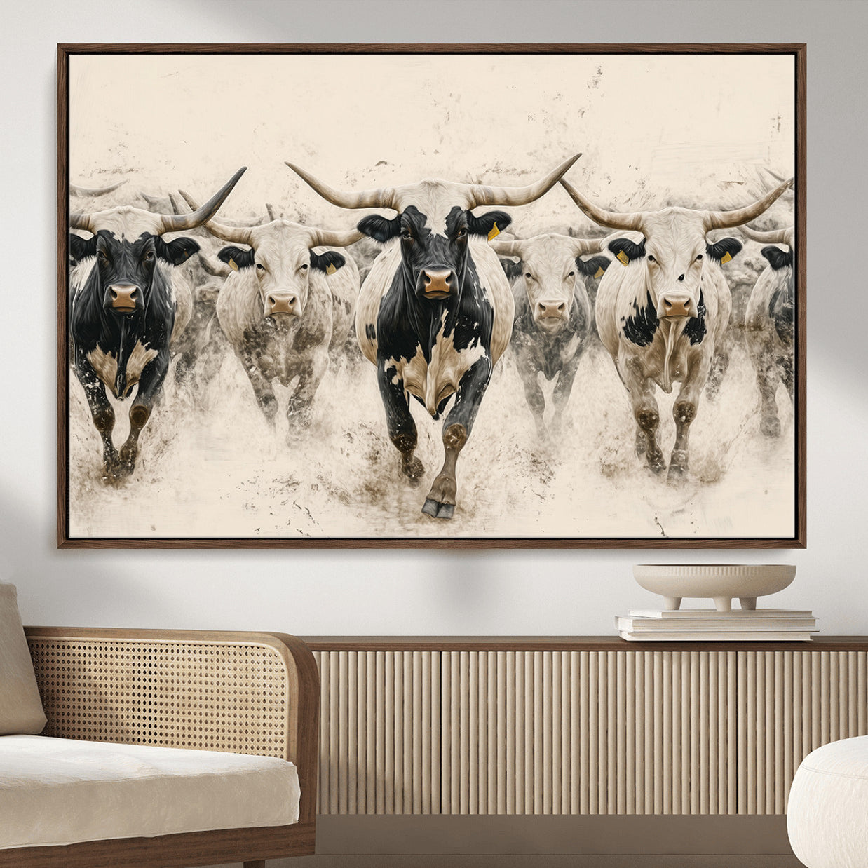 MGV-FC-36X24 - Cream Dust Longhorn Wall Art – Canvas Print of Western Herd Stampede, Dynamic Charge, Rustic Prairie Motion, Bold Nature Farm Decor