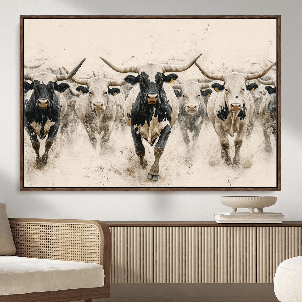 61538944-MGV-CV-36X24-Texas Longhorn Wall Art – Framed Cattle Walking Canvas Artwork, Black White Bull Design, Western Ranch Decor for Home, Office