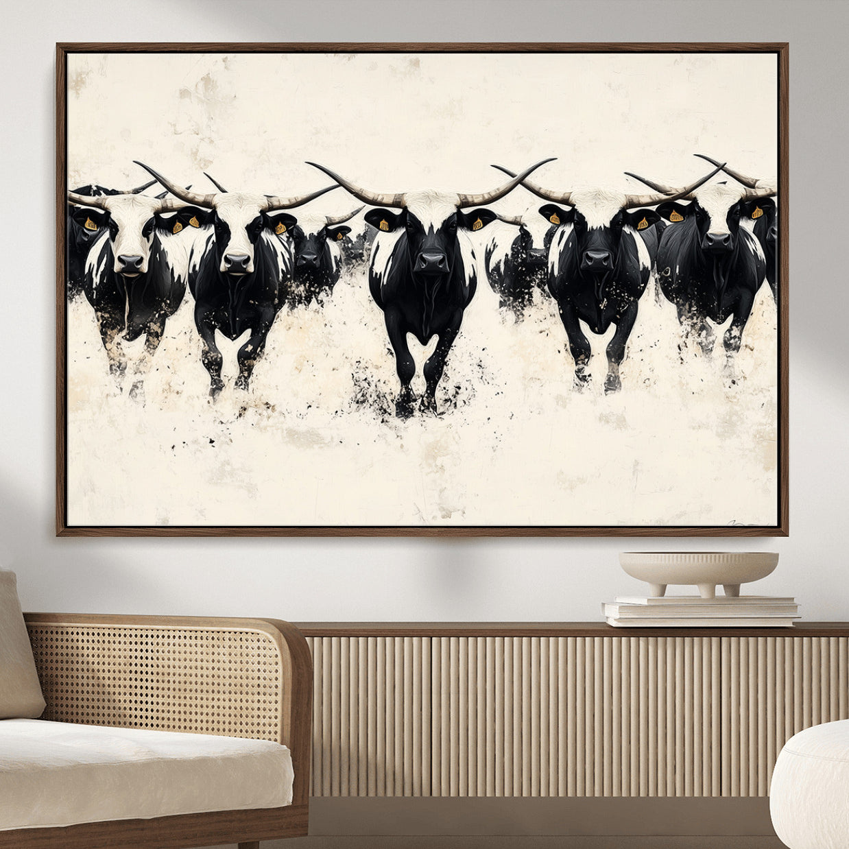 MGV-FC-36X24 - Longhorn Cattle Wall Art – Canvas Print of Herd in Motion, Symmetry and Ink Splatter, Minimalist Western Ranch, Bold Rustic Farm Decor