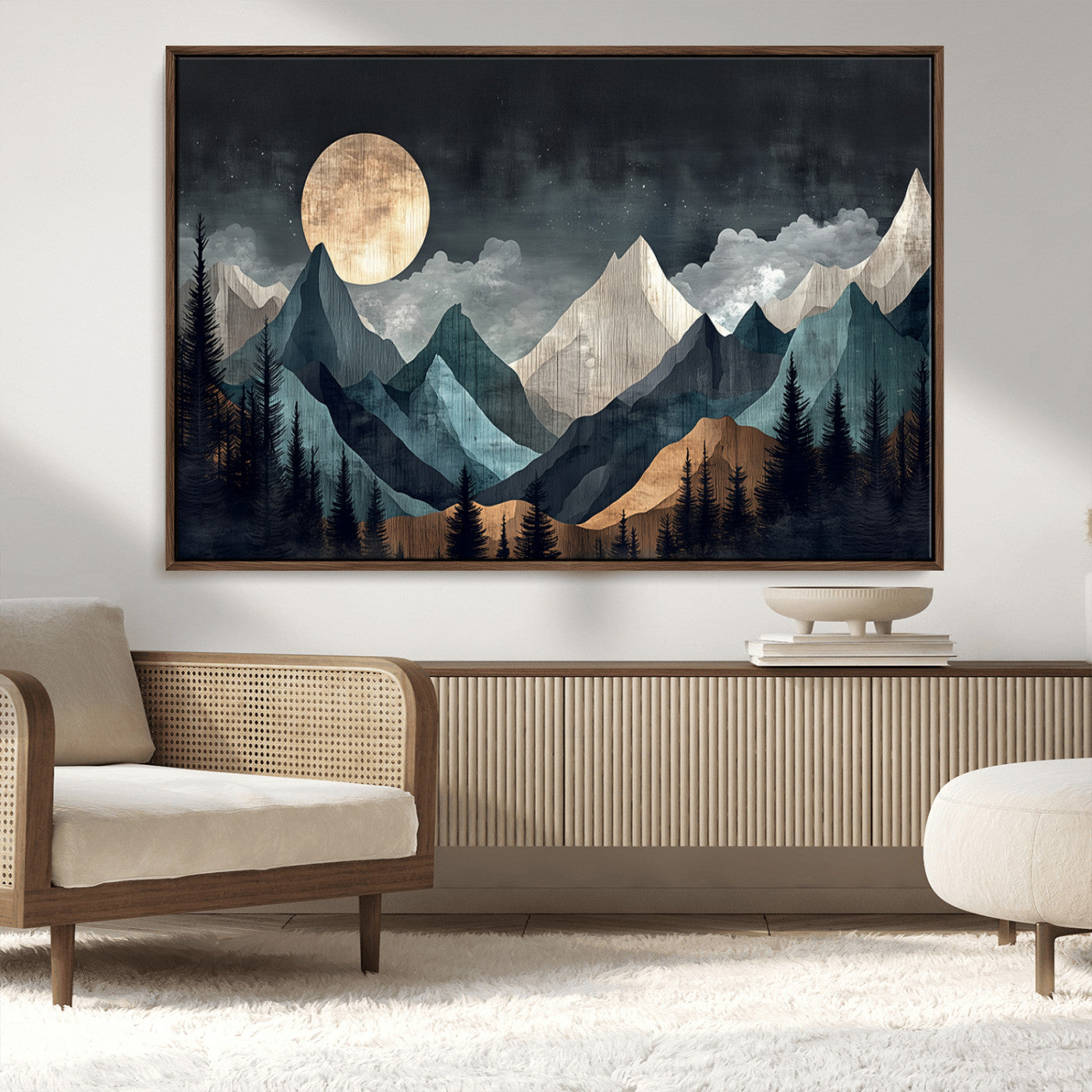 11060882-MGV-CV-36X24-Moonlit Mountain Wall Art Canvas Print – Silhouetted Pines Layered Peaks Tranquil Sky Mist Silver Light Nature Artwork for Home