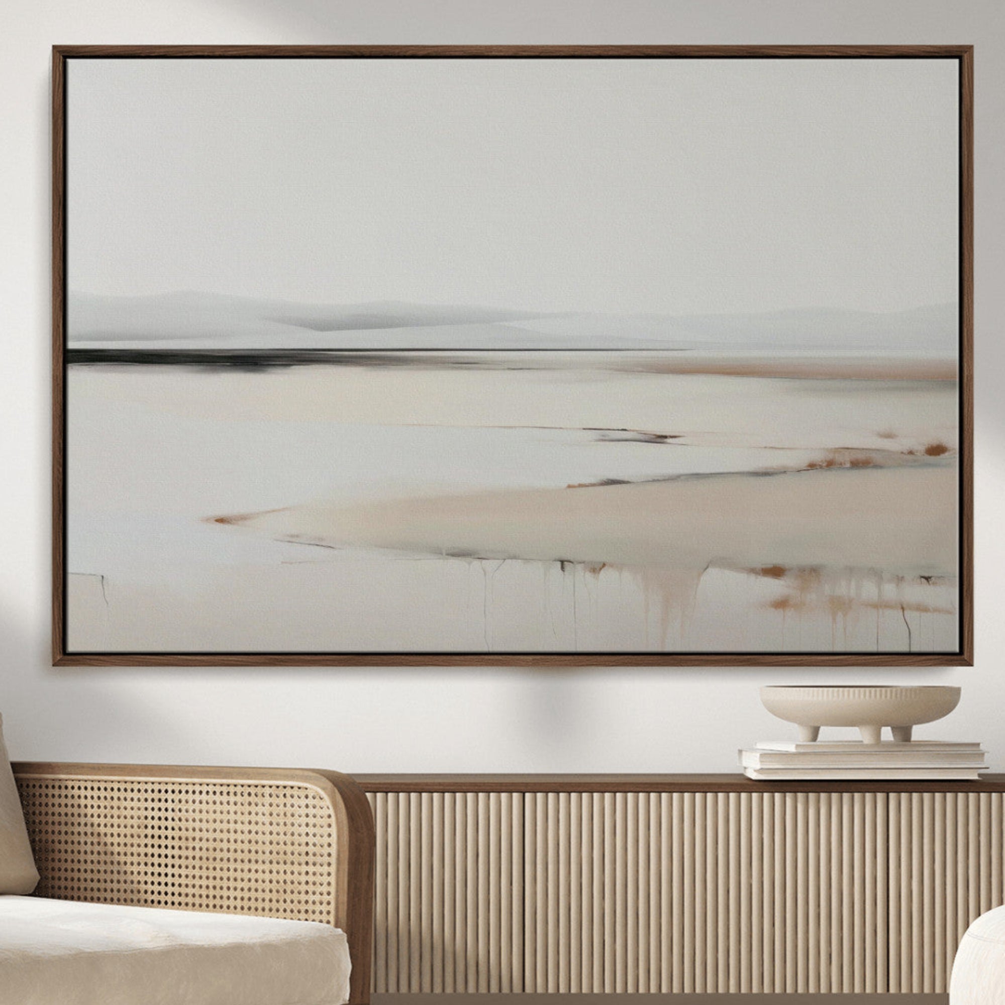 89410095-MGV-FC-36X24_Walnut-Minimalist Landscape Wall Art Canvas Print – Framed Soft Horizon Abstract Seascape Earthy Tones Artwork for Home Office