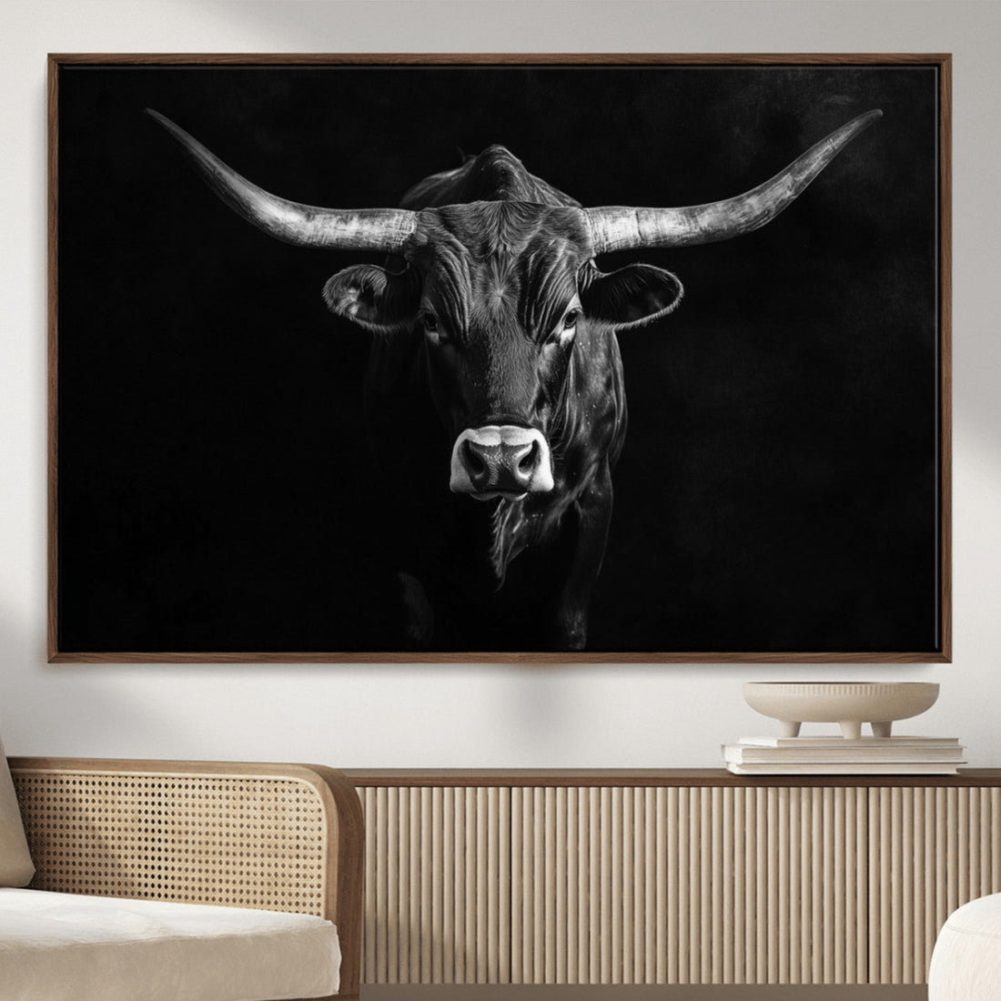 Texas Longhorn Wall Art Canvas Print | Framed Monochrome Horned Bull