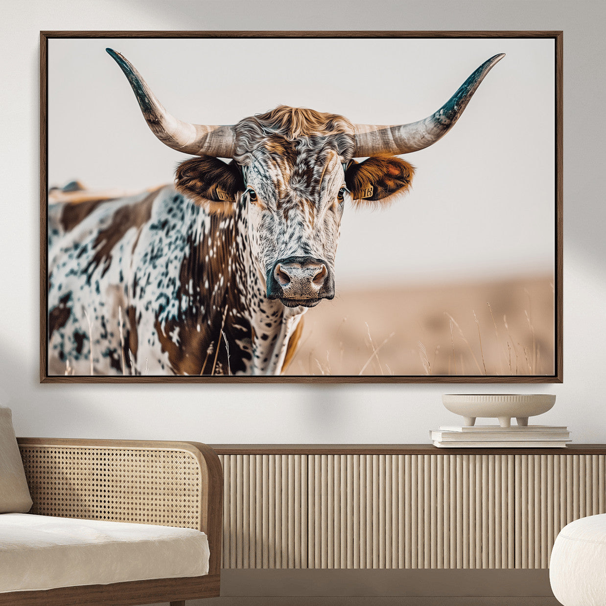 70414966-MGV-CV-36X24-Texas Longhorn Wall Art – Framed Speckled Cow Canvas Artwork, Horned Bull Design, Western Ranch Decor for Home, Office