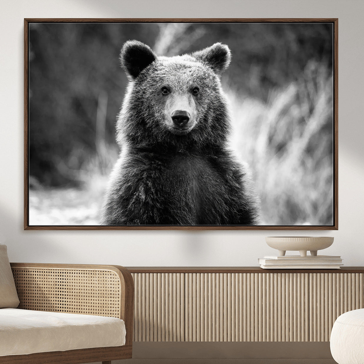 55656803-MGV-CV-36X24-Grizzly Bear Wall Art Canvas Print – Framed Black White Wildlife Rustic Nature Artwork for Home, Office Decor