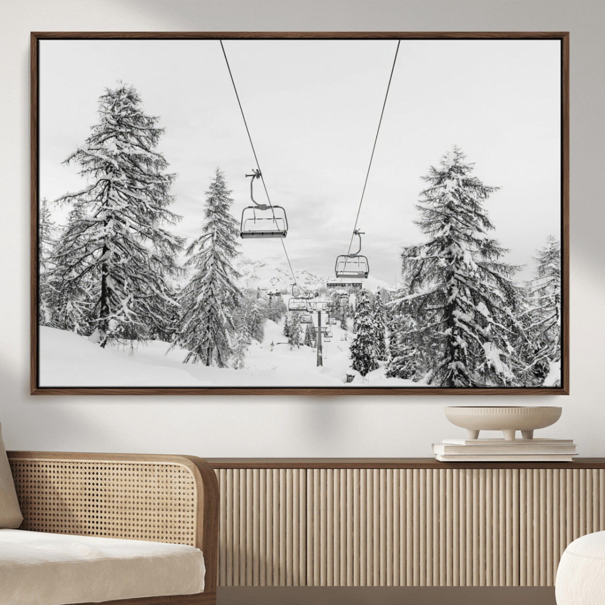 55003599-MGV-CV-36X24-Ski Lift Wall Art – Framed Snowy Mountain Canvas Artwork, Winter Forest Design, Minimal Nature Decor for Home, Office