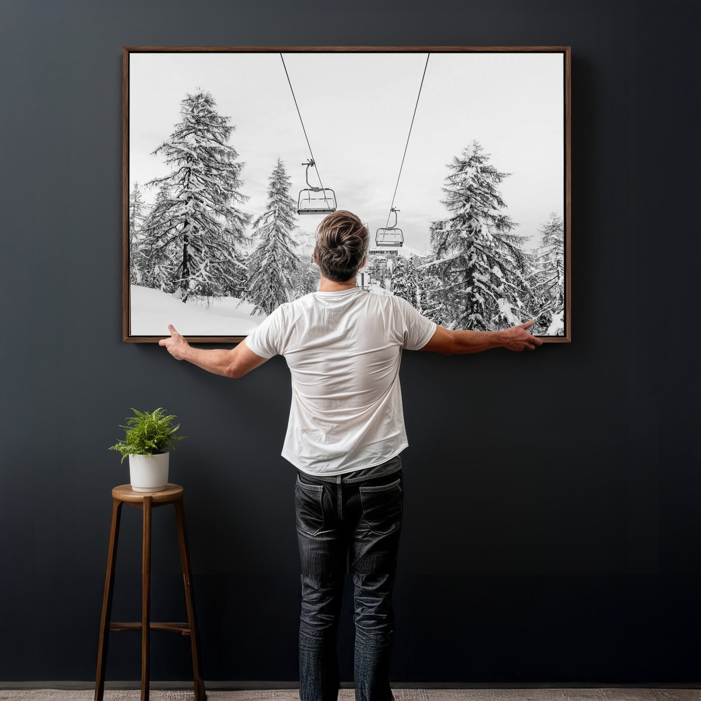 55003599-MGV-CV-36X24 - Snowy Ski Lift Wall Art – Framed Winter Forest Canvas Artwork, Peaceful Mountain Design, Modern Nature Decor for Home, Office