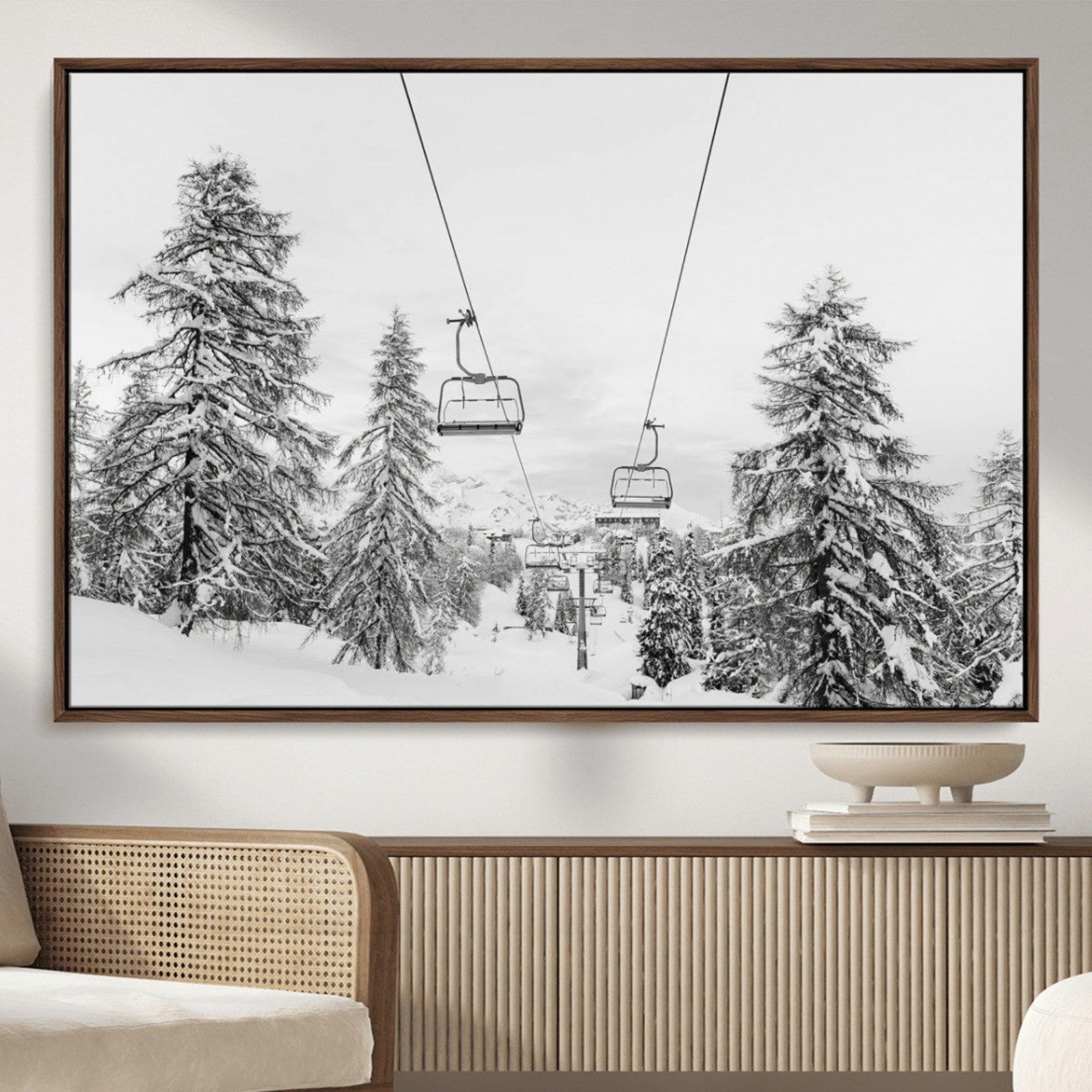 55003599-MGV-CV-36X24-Snowy Ski Lift Wall Art – Framed Winter Forest Canvas Artwork, Peaceful Mountain Design, Modern Nature Decor for Home, Office