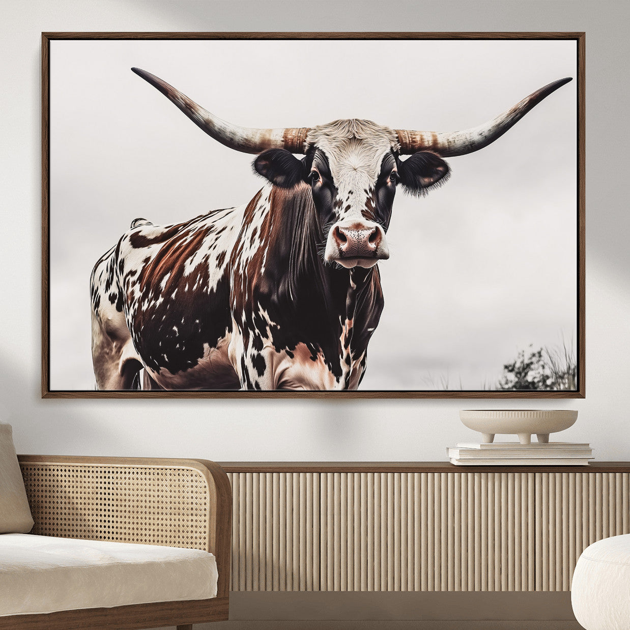 MGV-FC-36X24 - Texas Longhorn Wall Art Canvas Print, Framed Spotted Bull Art Picture Print, Horned Cattle Perfect Rustic Farmhouse Decor Artwork