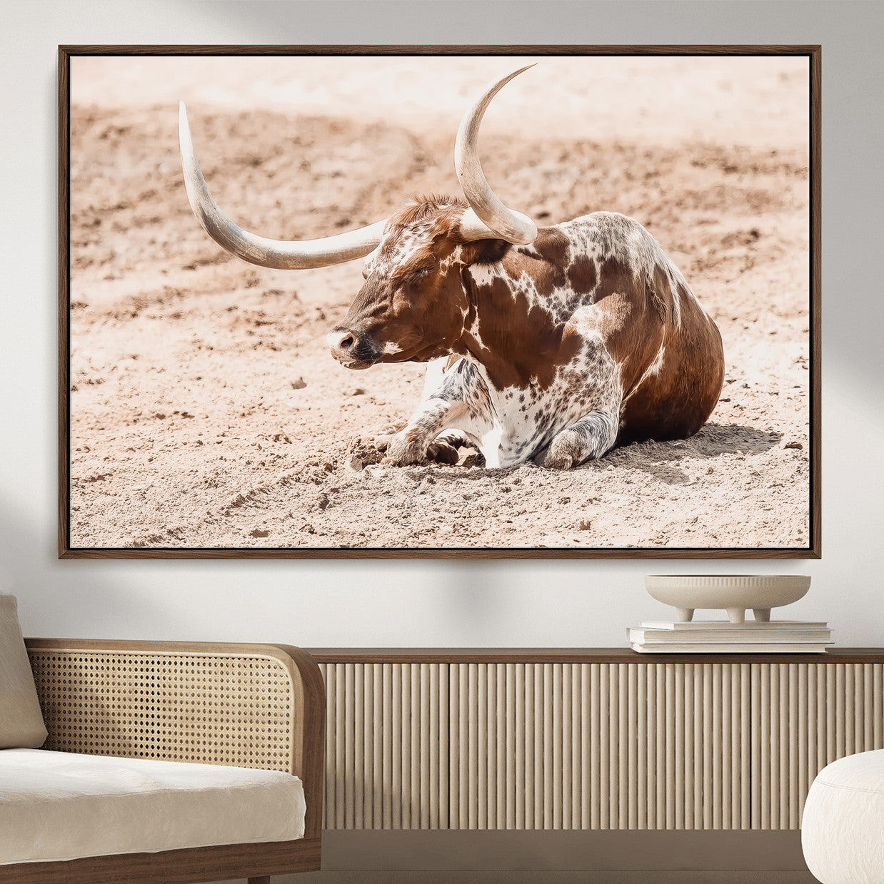 91248682-MGV-CV-36X24-Texas Longhorn Wall Art Canvas Print – Framed Resting Bull Scene with Spotted Cattle Artwork for Home, Office