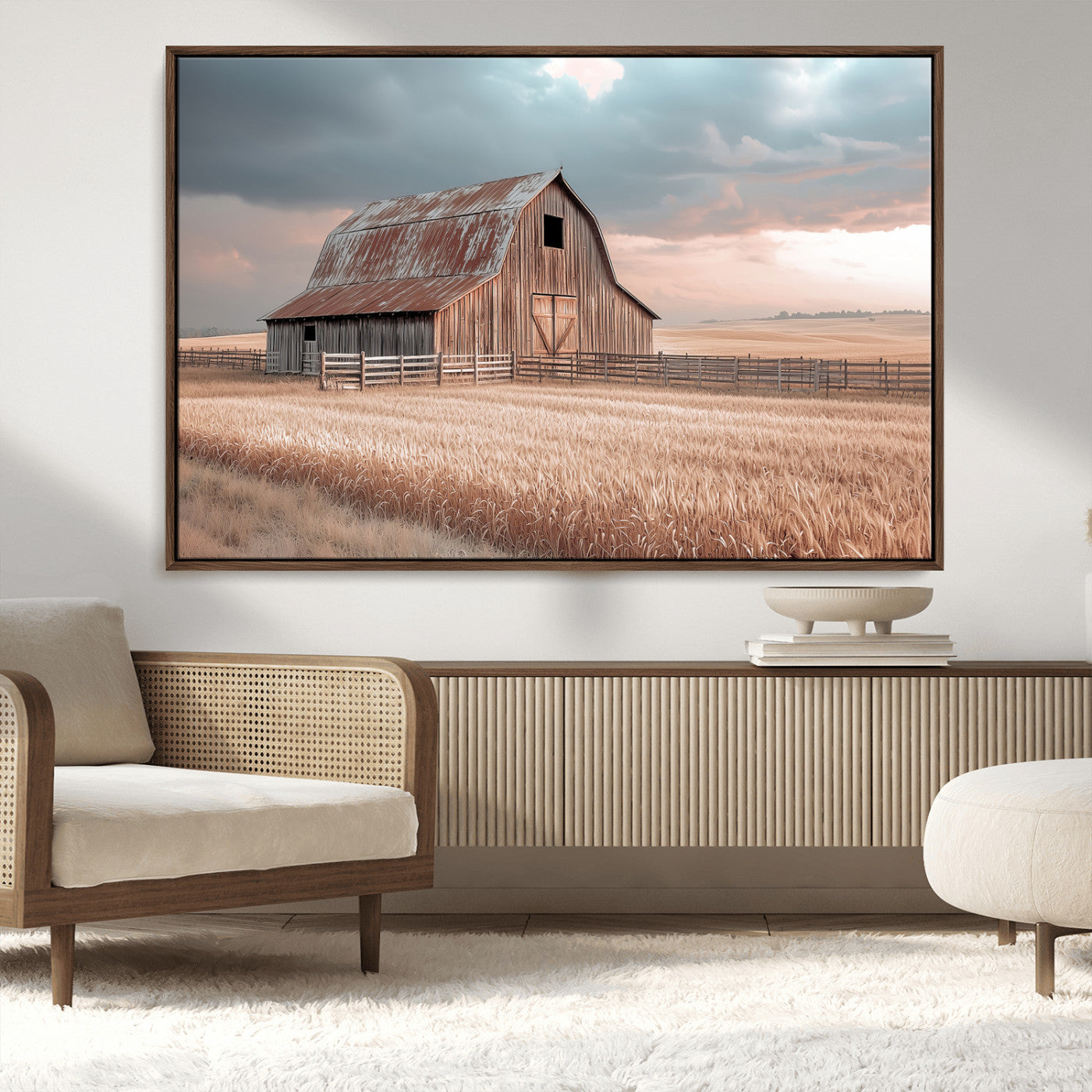 36878364-MGV-CV-36X24-Rustic Barn Wall Art Canvas Print – Framed Wheat Field Scene with Sunset Barn Artwork for Home, Office, Living Room