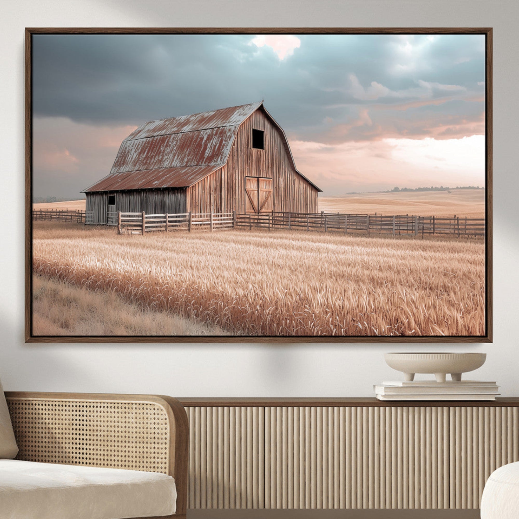 MGV-FC-36X24 - Rustic Barn Wall Art Canvas Print, Framed Wheat Field Art Picture Print, Sunset Barn Perfect Vintage Farmhouse Decor Artwork