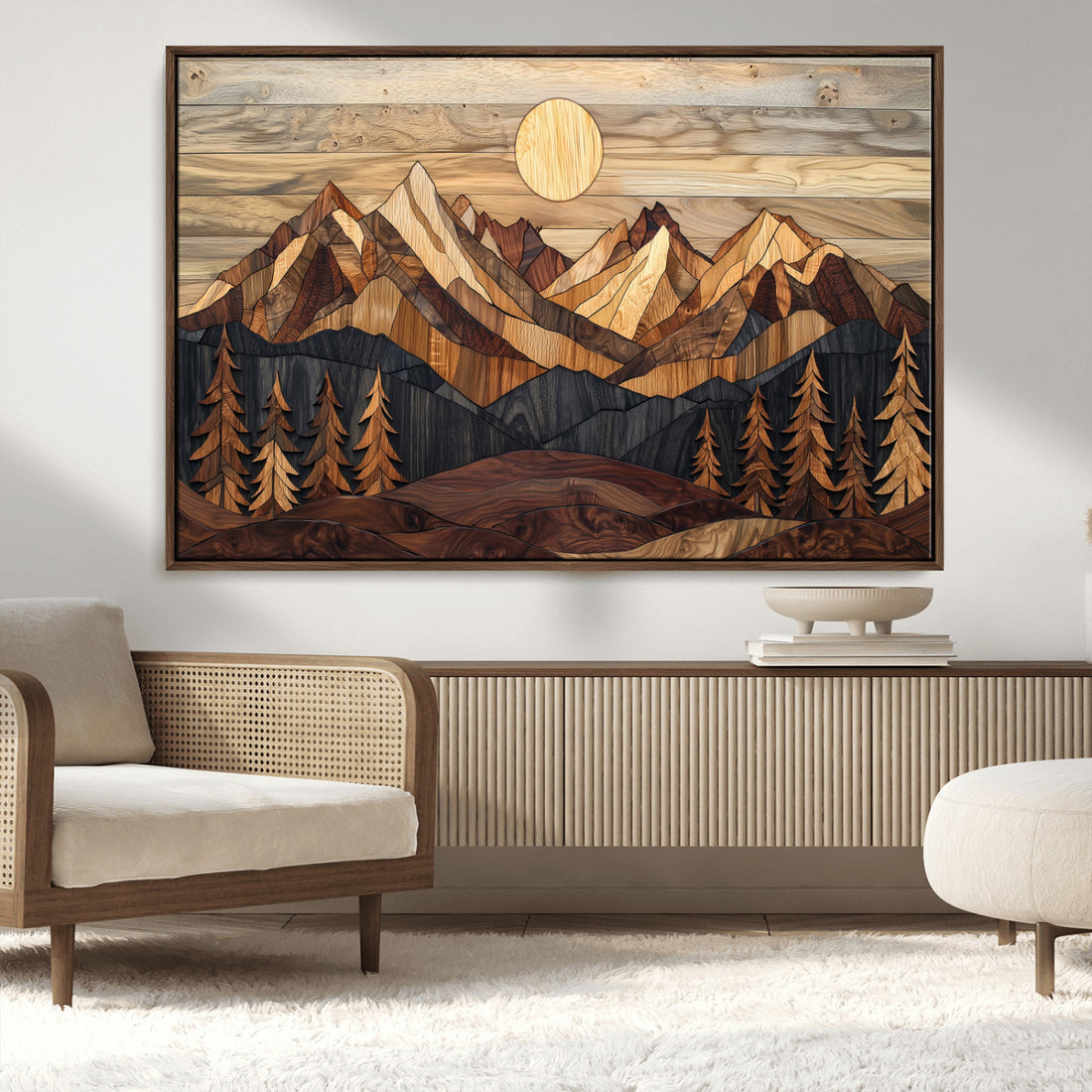 Wood Mountain Landscape Wall Art Canvas Print, Framed Sunset Hills Print, Abstract Nature Boho Decor