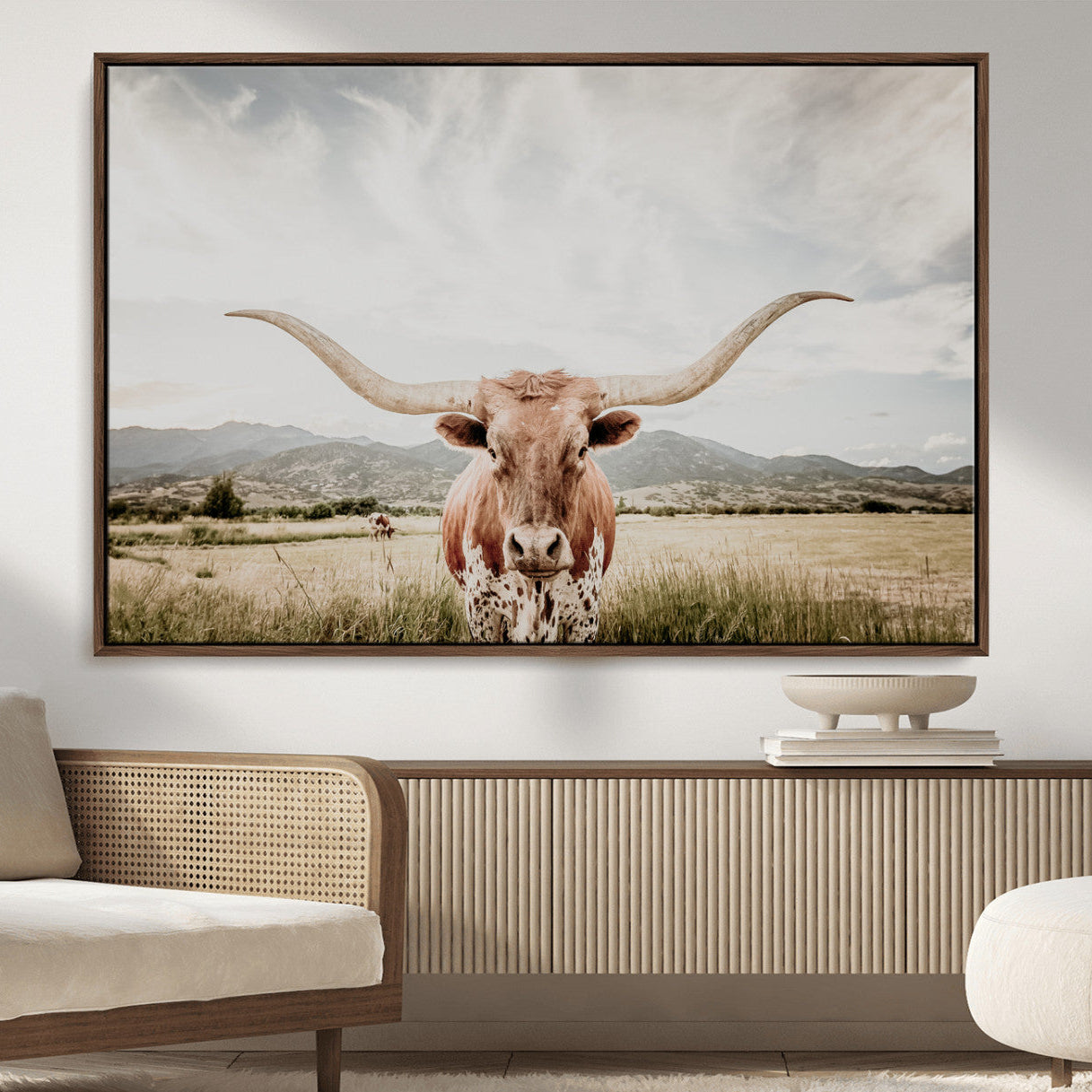 80054319-MGV-CV-36X24-Texas Longhorn Wall Art Canvas Print – Framed Western Cow Scene with Rustic Farmhouse Artwork for Home, Office