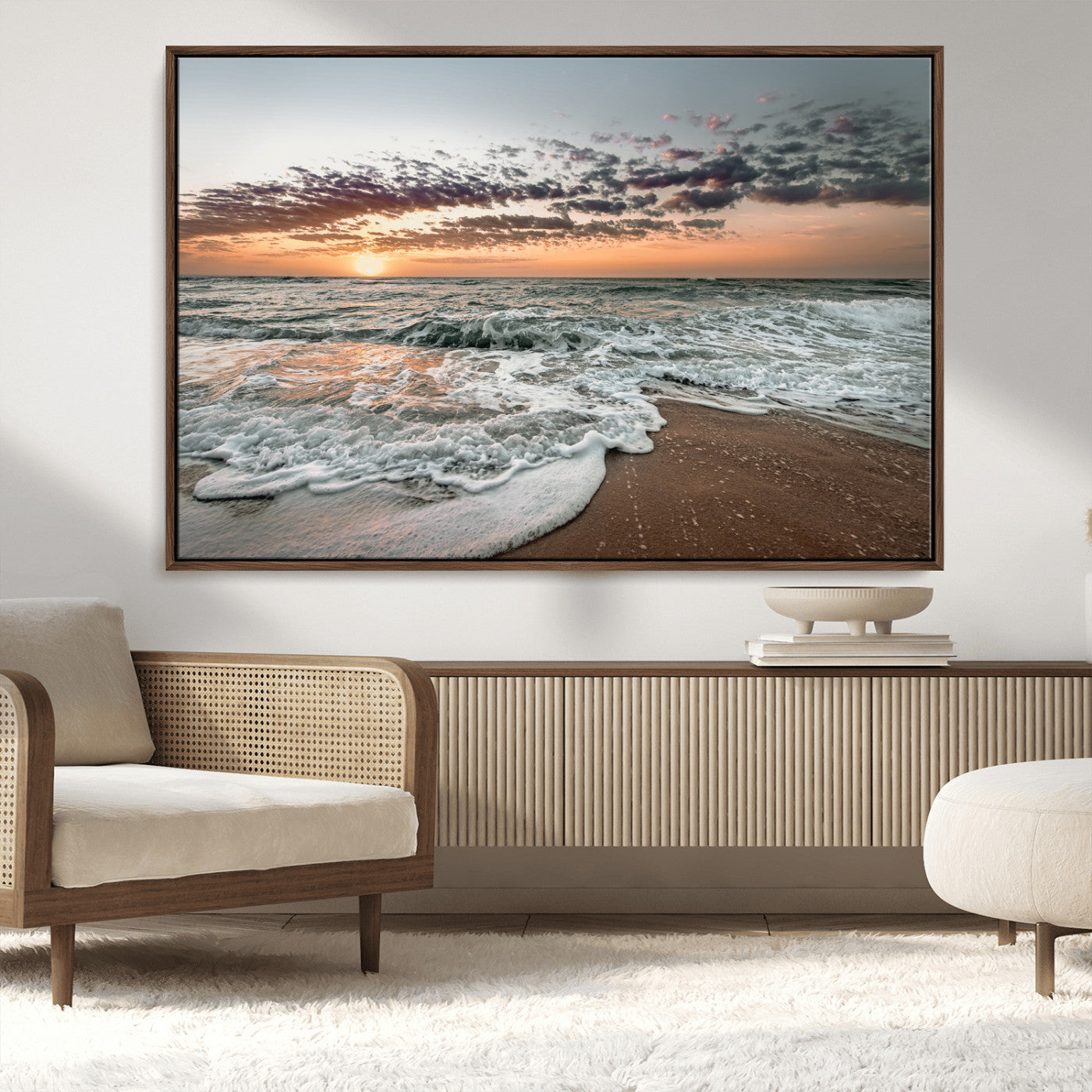 40632752-MGV-FC-36X24_Walnut-Ocean Sunset Wall Art Canvas Print – Framed Beach Waves Scene with Coastal Artwork for Home, Office, Living Room
