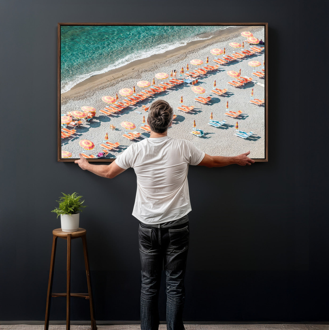 27805351-MGV-CV-36X24 - Beach Umbrellas Wall Art – Orange Loungers & Turquoise Water Canvas Print, Sandy Shore and Summer Vibes