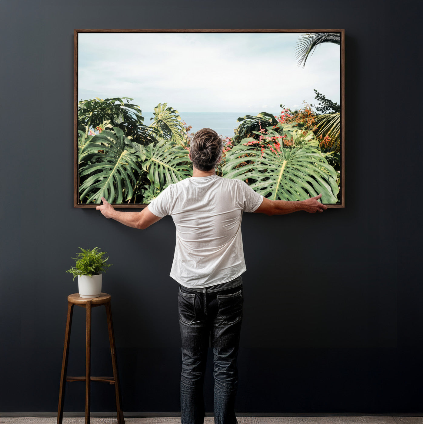 45700479-MGV-CV-36X24 - Tropical Greenery Wall Art – Exotic Leaves & Ocean View Canvas Print, Sunlit Paradise and Vibrant Nature for Living Room or Coastal Decor