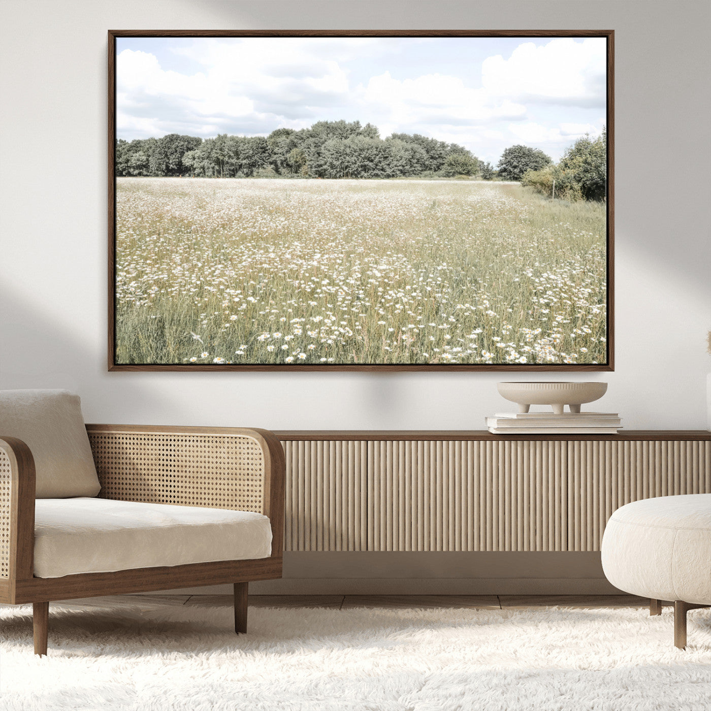 43258946-MGV-CV-36X24-Charming Daisy Field Wall Art Canvas Print – Framed Pastel Flower Meadow Bloom Scandinavian Minimal Artwork for Home Office