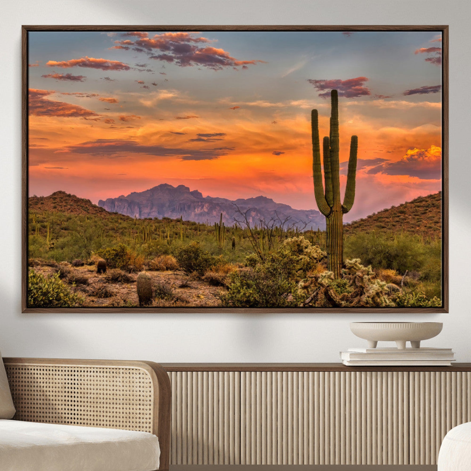 -Saguaro Cactus Wall Art Canvas Print, Framed Arizona Sunset Art Picture Print, Sonoran Desert Perfect Southwestern Boho Decor Artwork