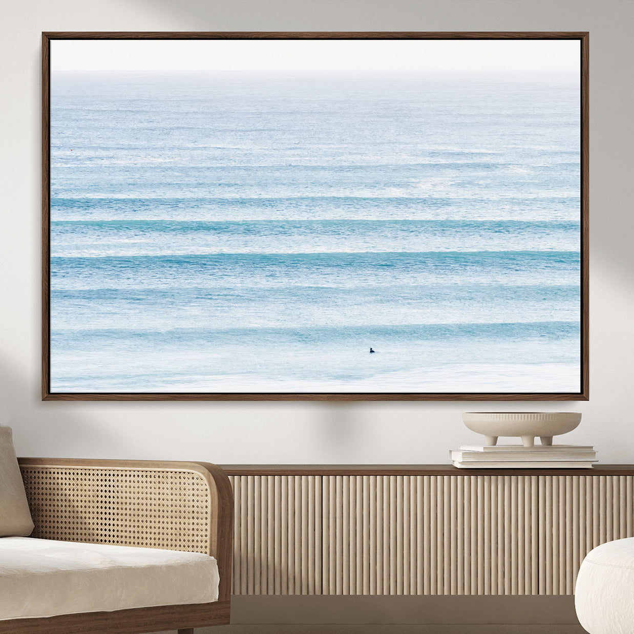 77145995-MGV-CV-36X24-Ocean Wave Surfer Wall Art – Framed Minimal Seascape Canvas Artwork, Calm Blue Water Design, Coastal Decor for Home, Office