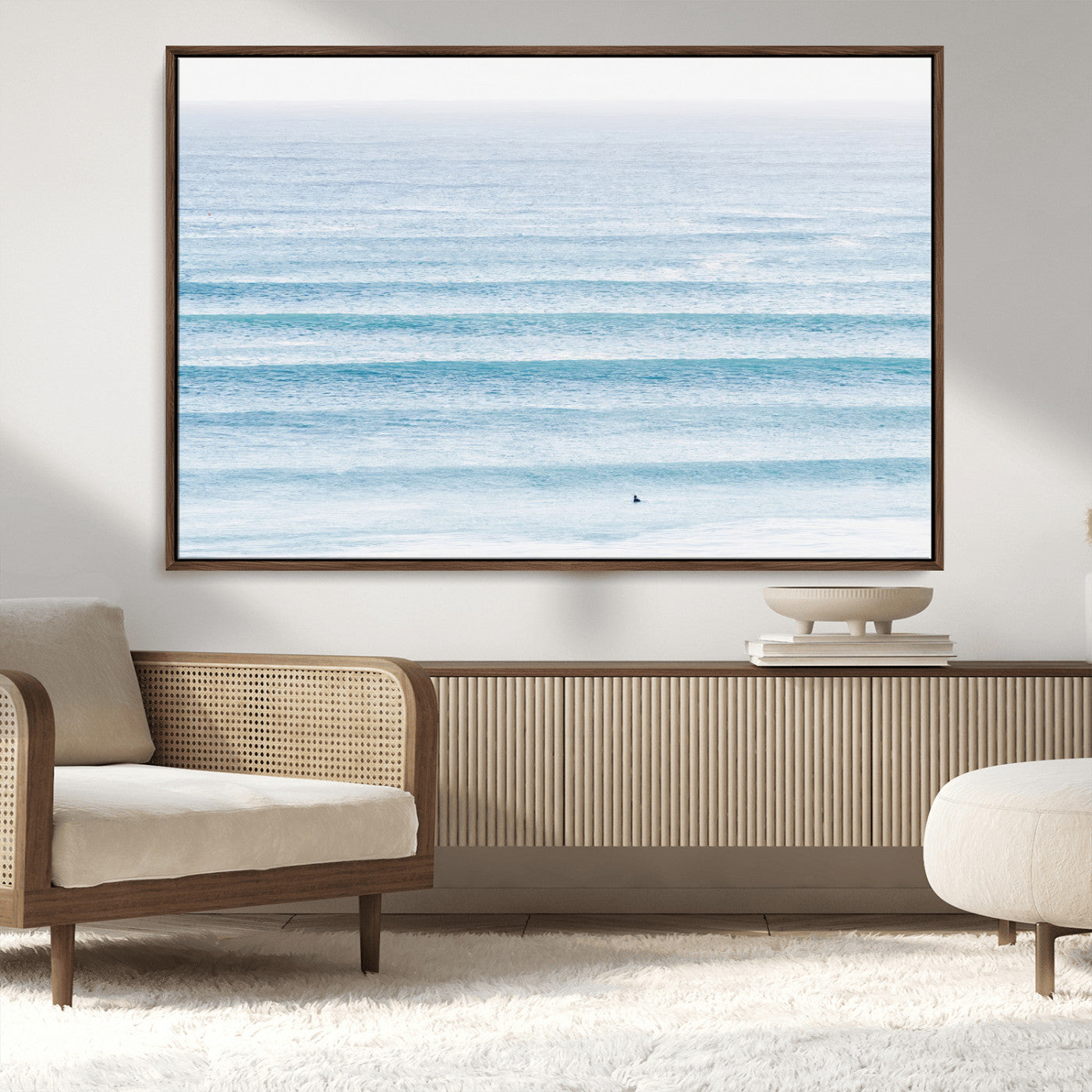 MGV-FC-36X24 - Ocean Simplicity Wall Art Canvas Print, Framed Surfer on Water Art Picture Print, Light Blue Perfect Coastal Minimalist Decor Artwork