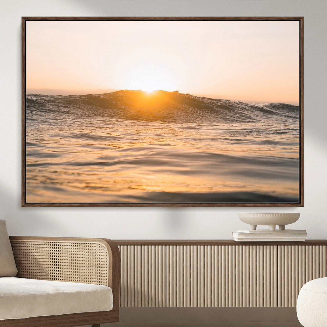 16973771-MGV-CV-36X24-Calm Water Wall Art – Framed Sunset Waves Canvas Artwork, Coastal Warm Design, Minimal Ocean Decor for Home, Office