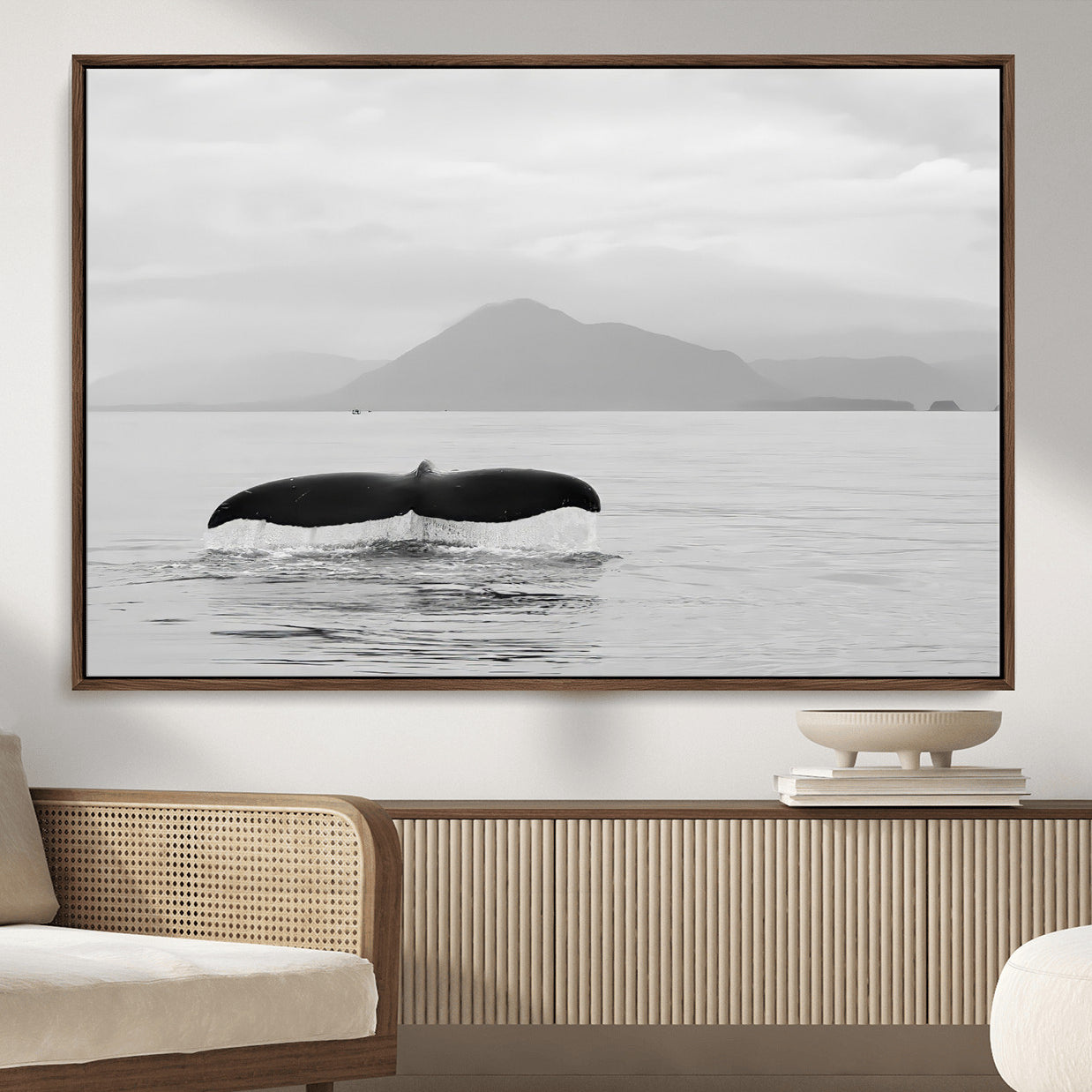 MGV-FC-36X24 - Whale Tail Wall Art Canvas Print, Framed Black White Ocean Art Picture Print, Calm Marine Perfect Minimalist Coastal Decor Artwork