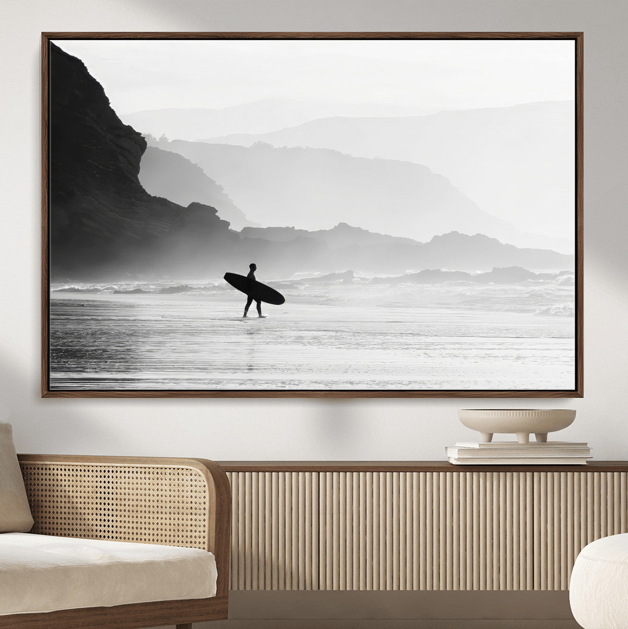 MGV-FC-36X24 - Surfer In Fog Wall Art Canvas Print, Framed Moody Shoreline Art Picture Print, Cliffside Waves Perfect Minimalist Coastal Decor Artwork