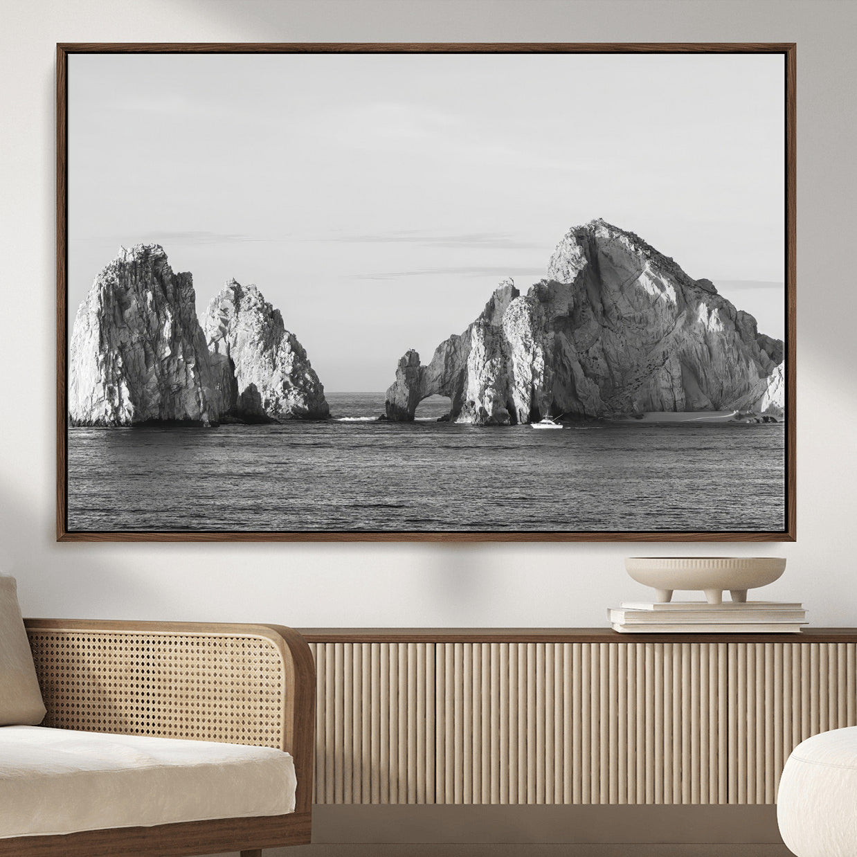 MGV-FC-36X24 - Rugged Coastline Wall Art Canvas Print, Framed Ocean Cliffs Art Picture Print, Monochrome Seascape Perfect Coastal Minimalist Decor Artwork