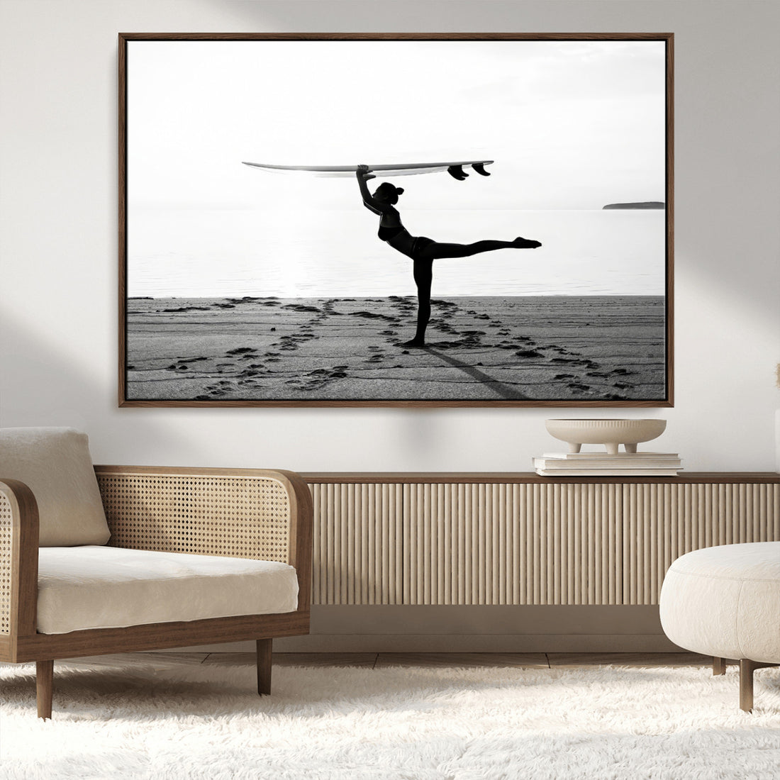 Yoga Surf Wall Art Canvas Print, Framed Black White Shore and Peaceful Ocean