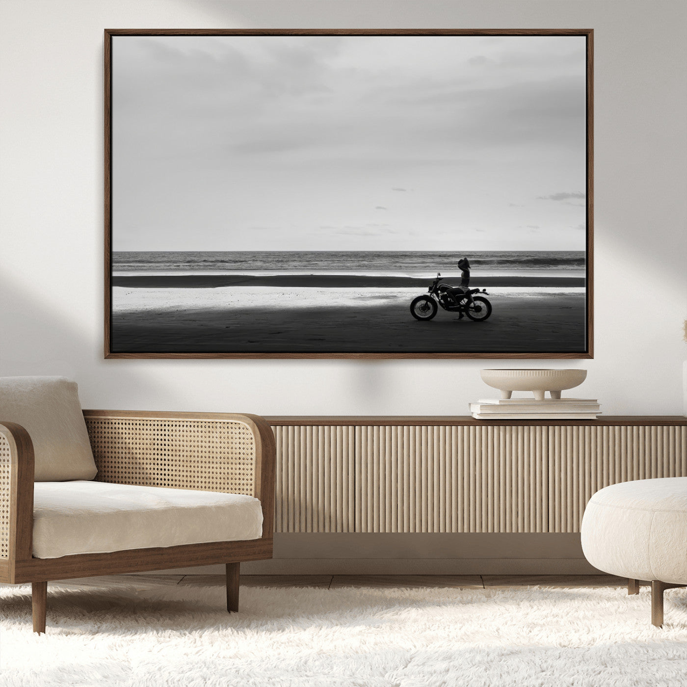 84739358-MGV-FC-36X24_Walnut-Motorcycle Beach Wall Art Canvas Print – Framed Vintage Motorcycle Scene with Biker Silhouette Artwork for Home, Office