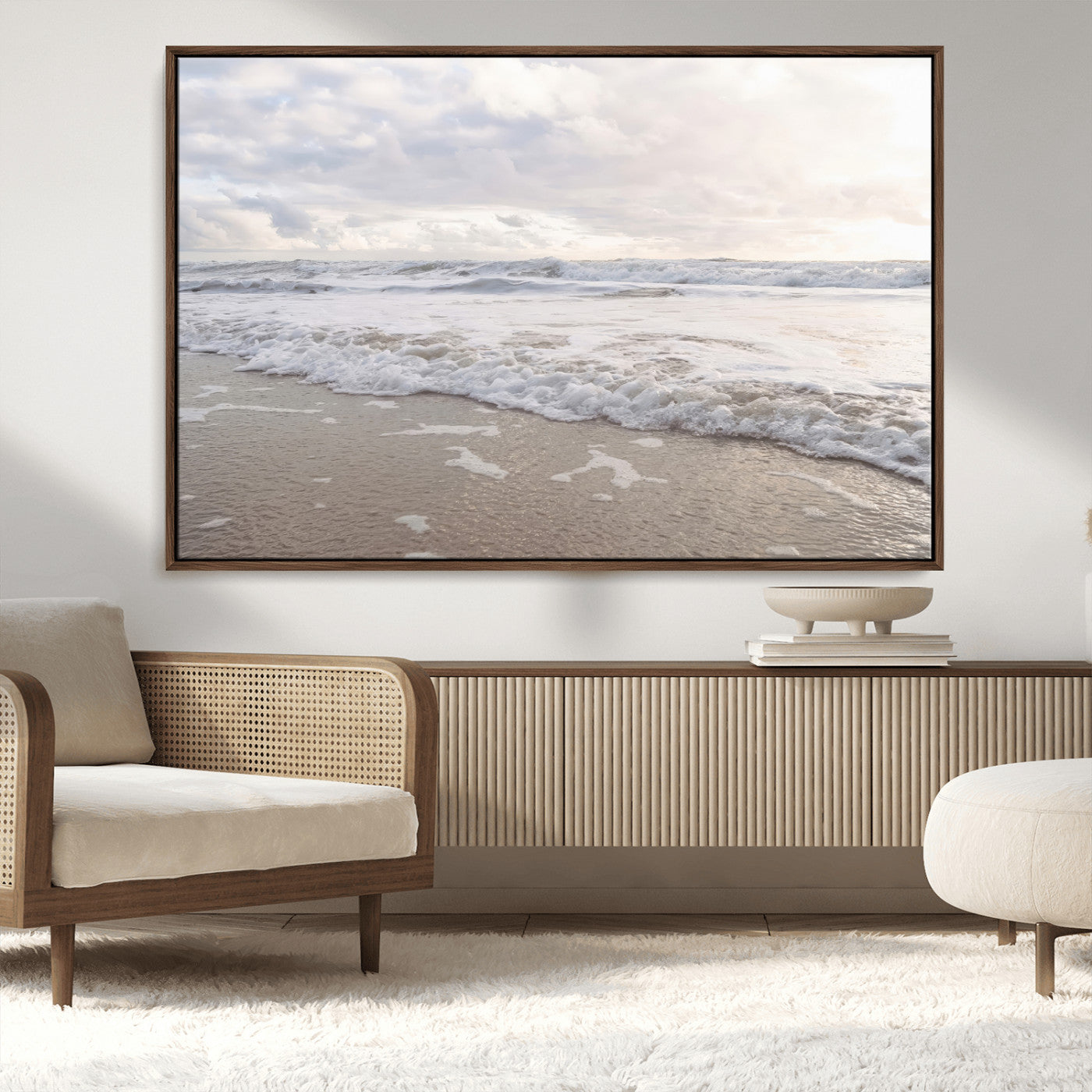 70596264-MGV-CV-36X24-Ocean Waves Wall Art Canvas Print – Framed Coastal Shoreline Scene with Sea Foam Artwork for Home, Office