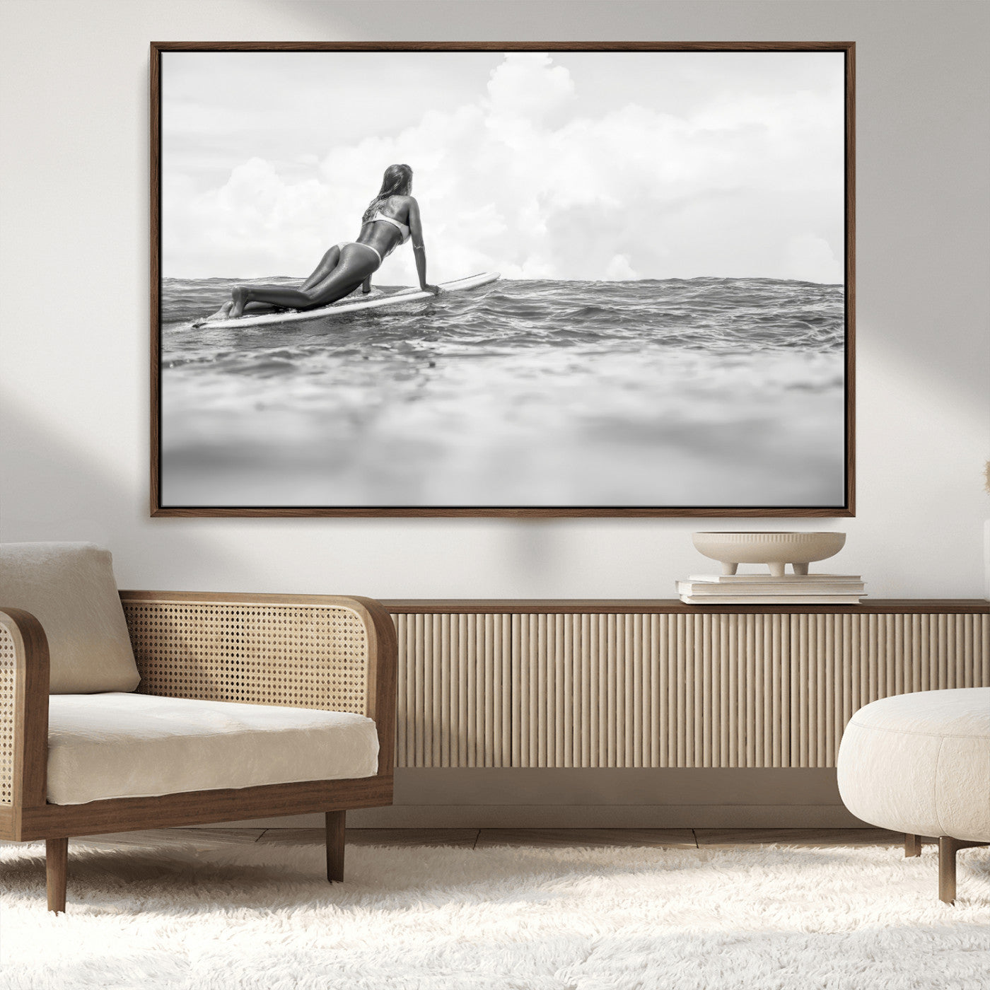 69798068-MGV-CV-36X24-Black and White Surfing Wall Art Canvas Print – Framed Ocean Horizon with Surfer Girl Coastal Adventure Artwork for Home, Office