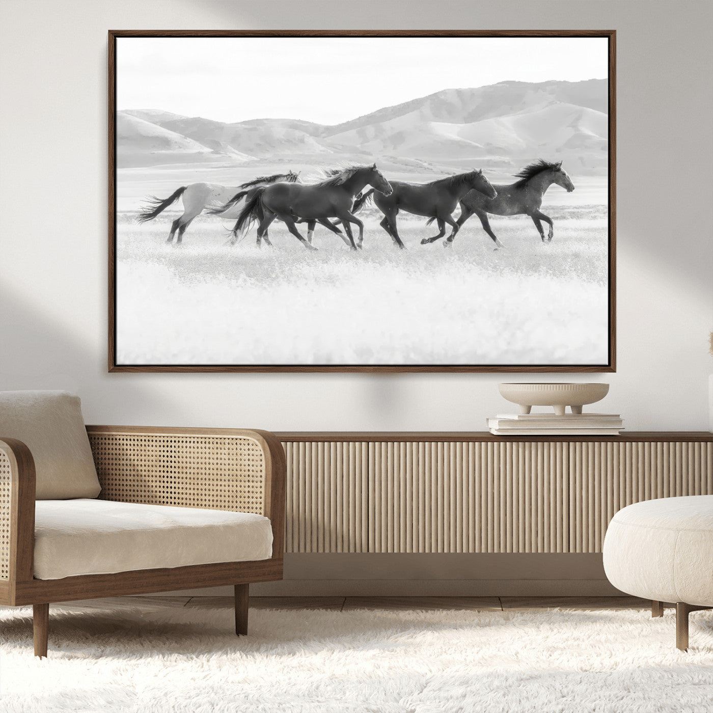 MGV-FC-36X24 - Wild Horses Wall Art – Black & White Canvas Print of Herd Running, Nature in Motion, Freedom & Beauty Decor for Guest Room, Office or Living Room