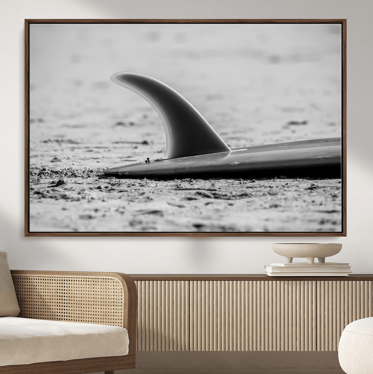 MGV-FC-36X24 - Black White Surfboard Wall Art Canvas Print, Framed Minimalist Beach Art Picture Print, Surf Fin Perfect Minimalist Coastal Decor Artwork