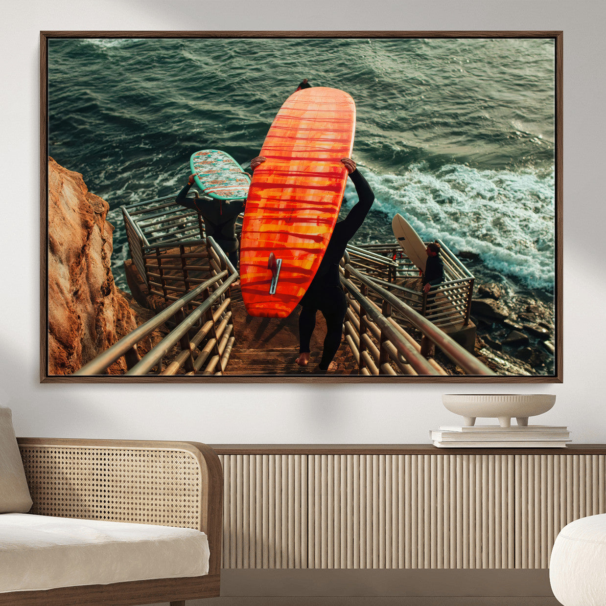 MGV-FC-36X24 - Surfer Stairway Wall Art Canvas Print, Framed Ocean Surf Art Picture Print, Sunset Coastal Perfect Coastal Adventure Decor Artwork