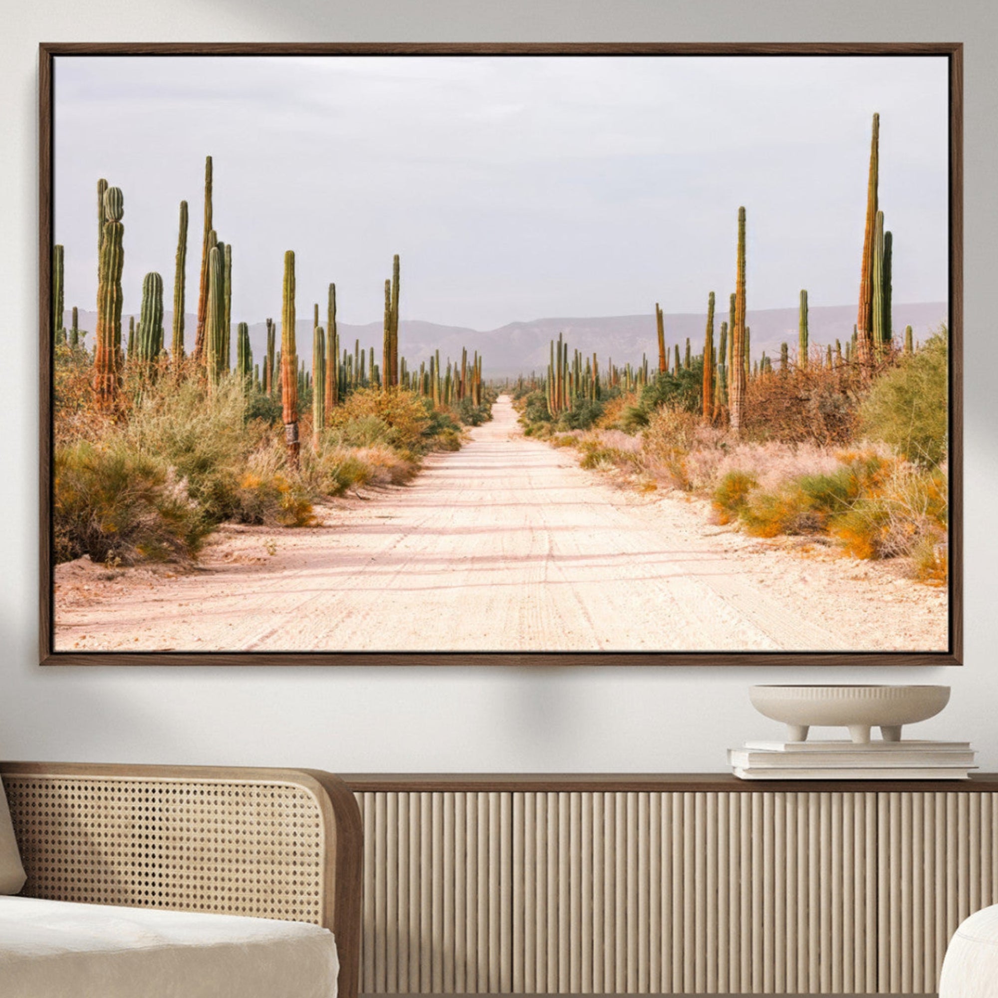 30742780-MGV-CV-36X24-Desert Cactus Lined Road Wall Art Canvas Print – Framed Southwestern Landscape Bohemian Western Aesthetic Artwork for Home, Office