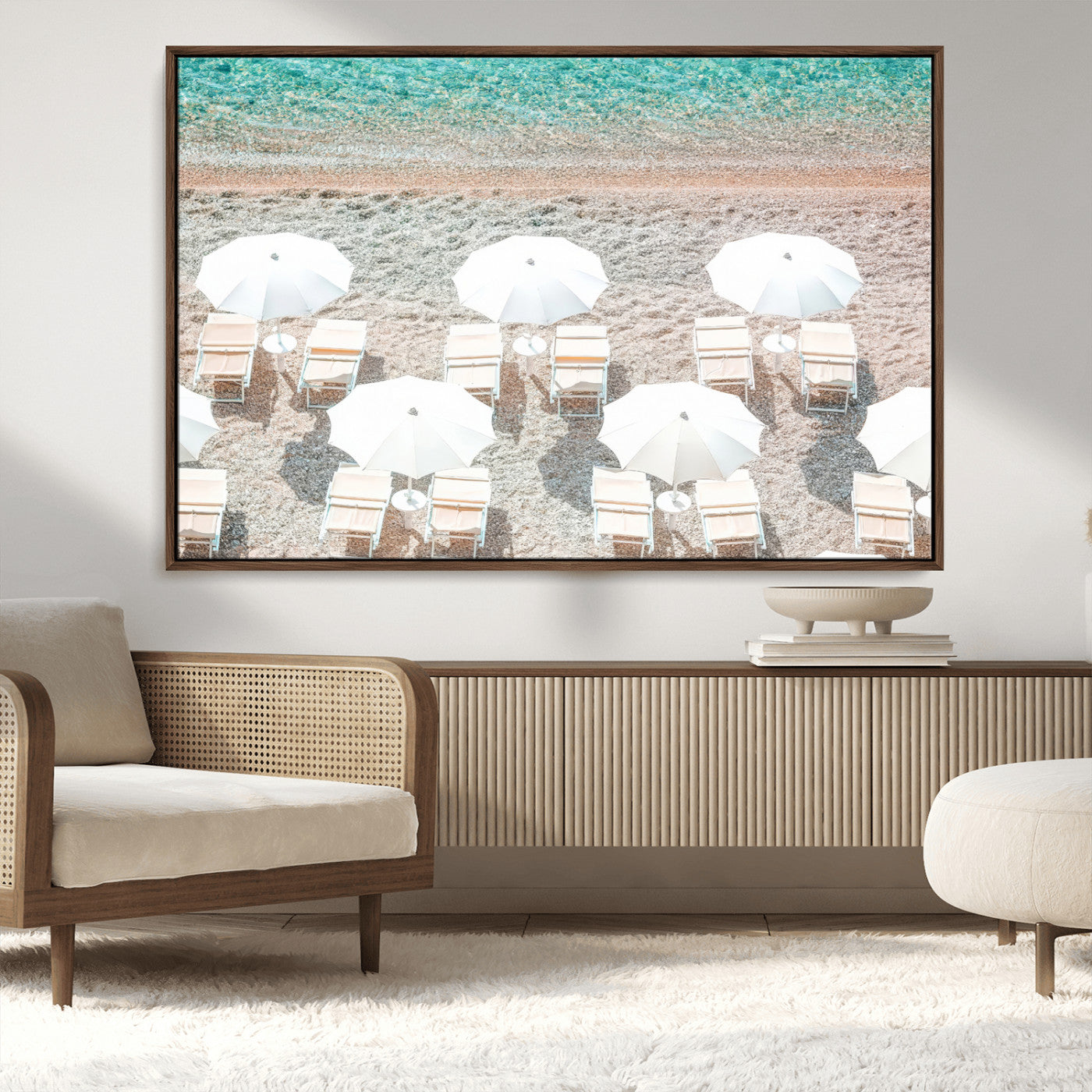 MGV-FC-36X24 - Calm Beach Wall Art Canvas Print, Framed Turquoise Water Art Picture Print, Umbrella Shoreline Perfect Coastal Minimalist Decor Artwork