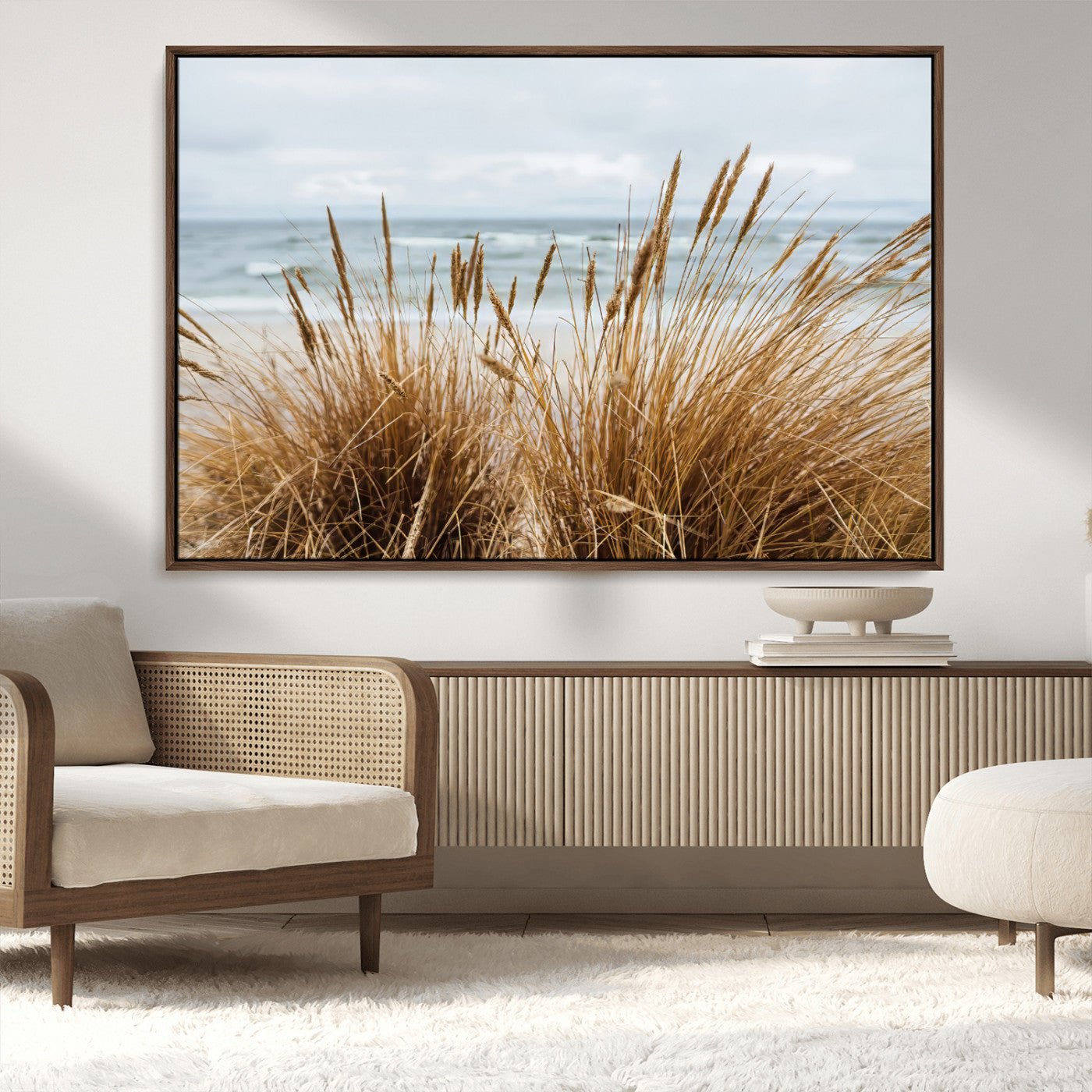 14270839-MGV-FC-36X24_Walnut-Beach Grass Wall Art – Framed Coastal Dunes Canvas Artwork, Minimal Seaside Design, Modern Coastal Decor for Home, Office