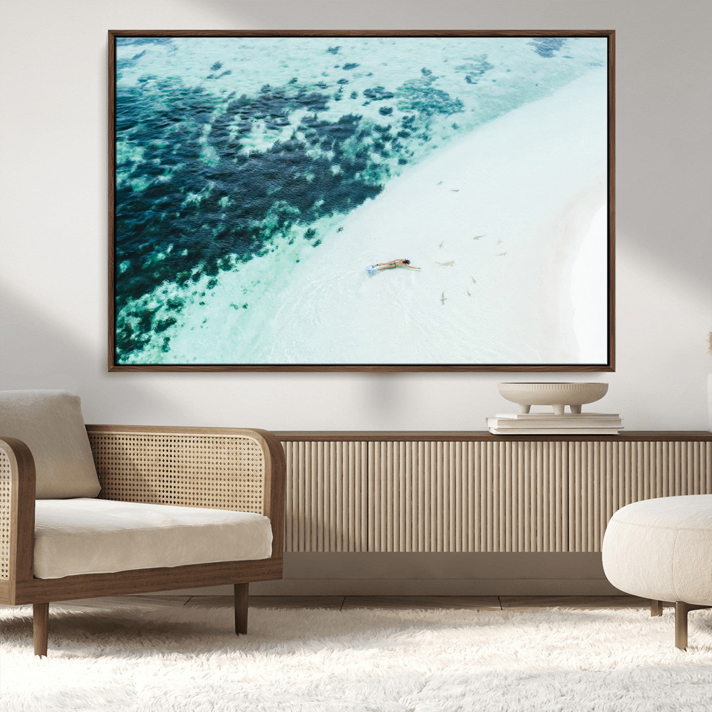 33764764-MGV-CV-36X24-Minimal Beach Wall Art – Framed Ocean Swimming Canvas Artwork, Clear Blue Sea Design, Modern Coastal Decor for Home, Office