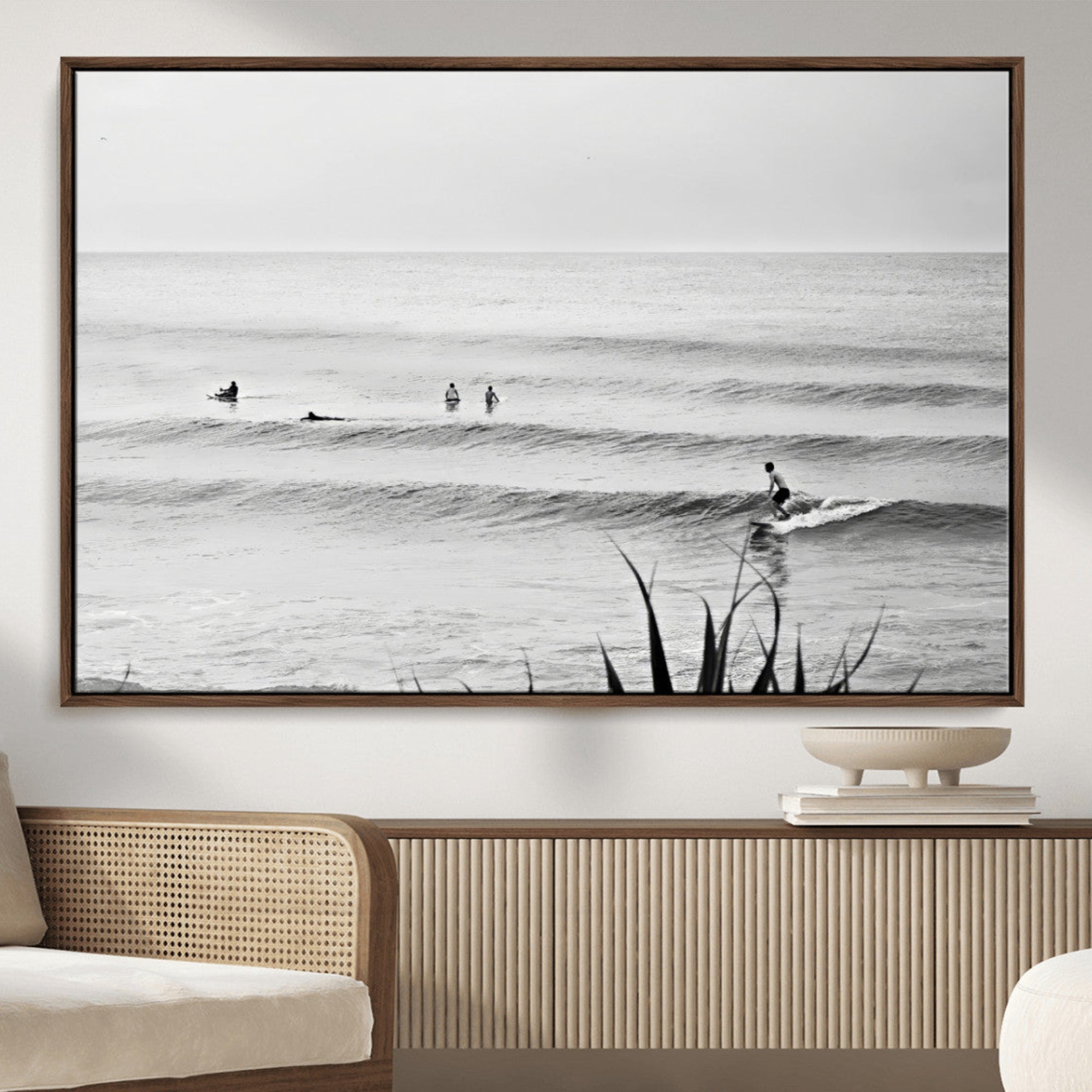 33821421-MGV-CV-36X24-Surfer Silhouette Wall Art – Framed Calm Ocean Canvas Artwork, Monochrome Minimal Design, Modern Coastal Decor for Home, Office