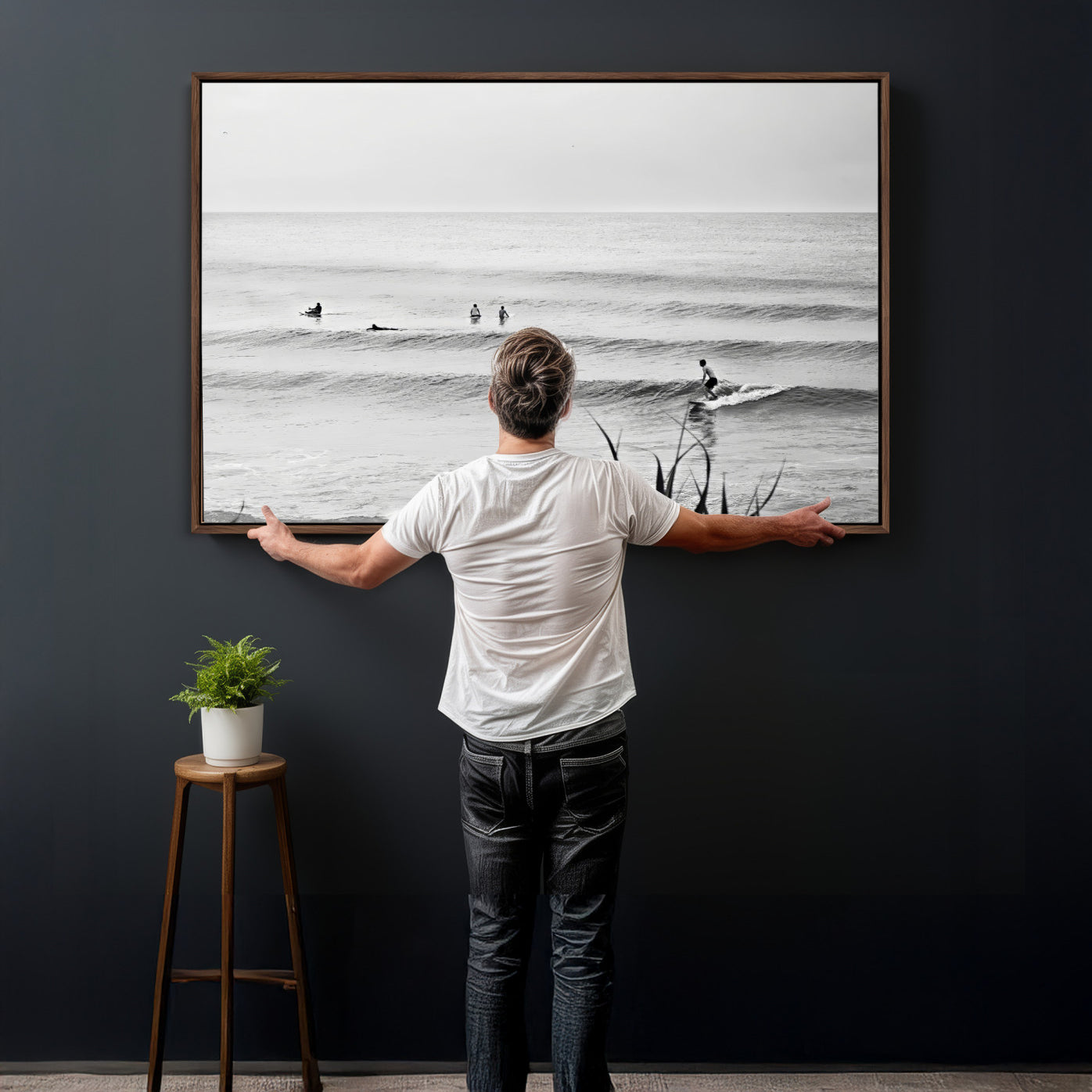 33821421-MGV-CV-36X24 - Surfer Silhouette Wall Art Canvas Print, Framed Calm Ocean Art Picture Print, Monochrome Surf Minimalist Coastal Decor Artwor
