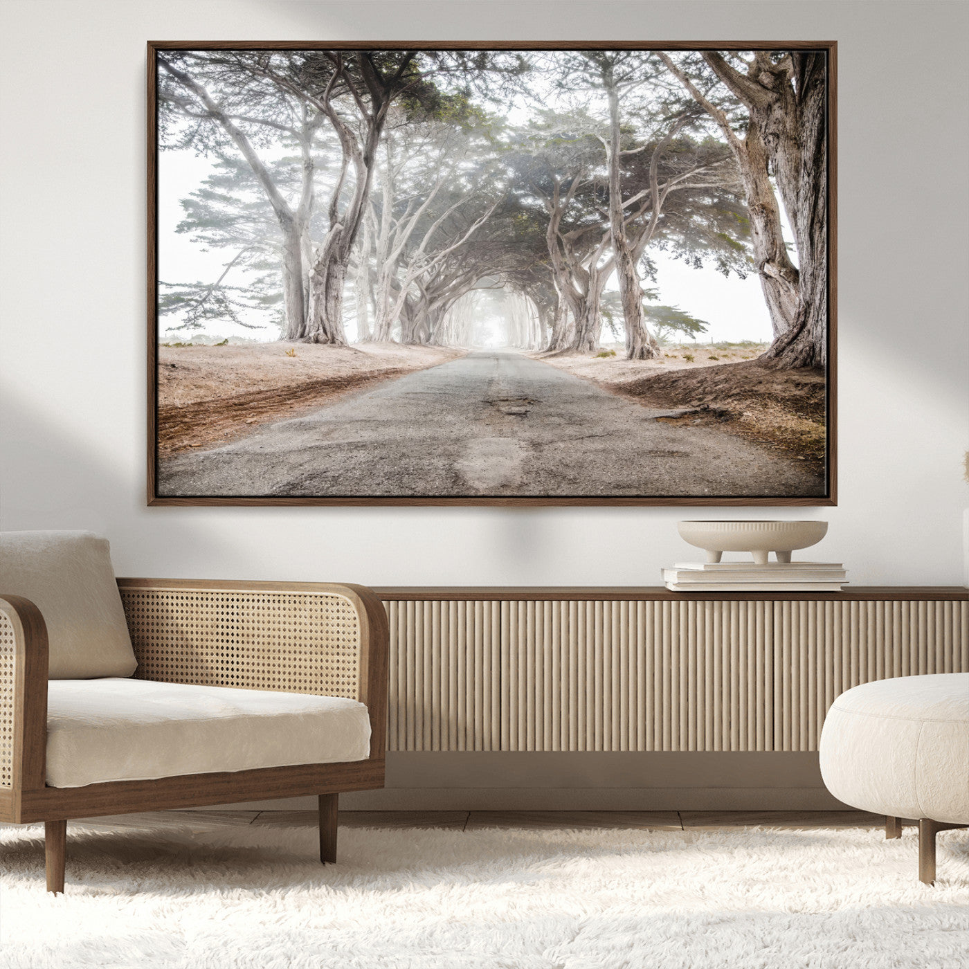 87090469-MGV-CV-36X24-Cypress Tunnel Wall Art – Framed Misty Road Canvas Artwork, Foggy Trees Design, Rustic Woodland Nature Decor for Home, Office