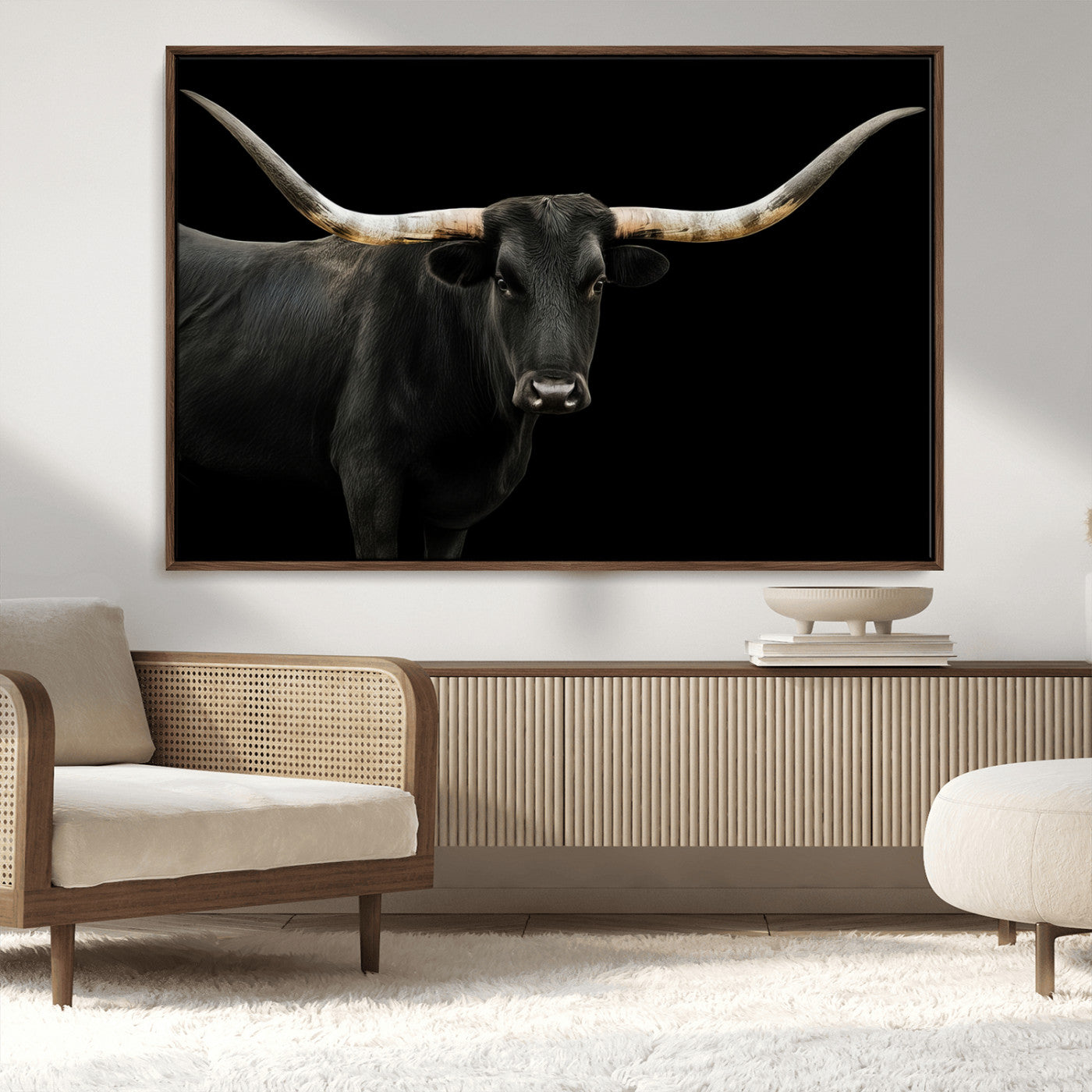 99448328-MGV-CV-36X24-Longhorn Cattle Wall Art Canvas Print – Framed Texas Ranch Scene with Western Cow Artwork for Home, Office, Living Room