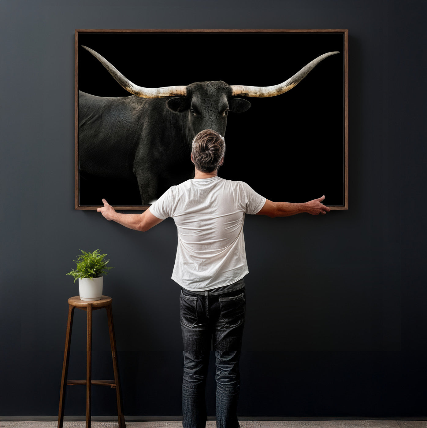 99448328-MGV-CV-36X24 - Longhorn Cattle Wall Art Canvas Print, Framed Texas Black Bull Art Picture Print, Western Cow Perfect Farmhouse Decor Artwork