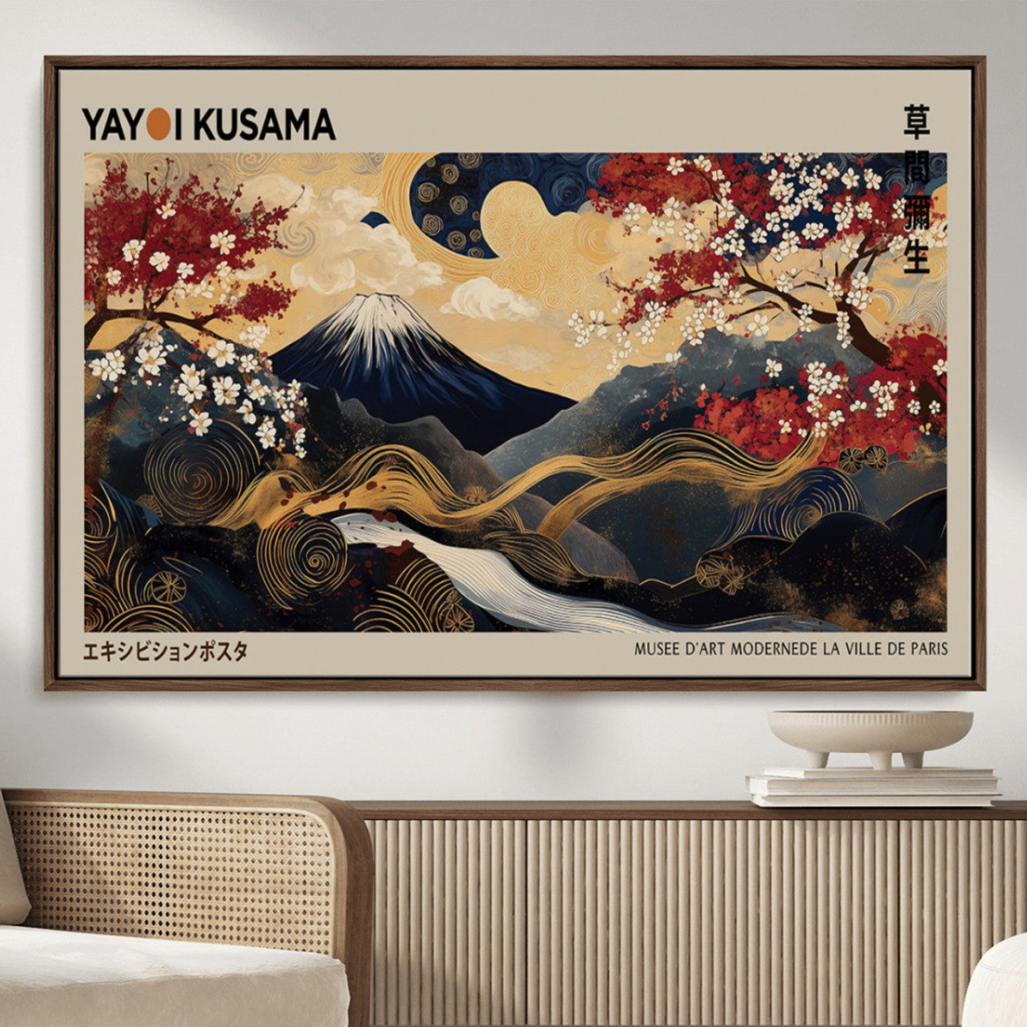 54967195-MGV-CV-36X24-Modern Japanese Wall Art Canvas Print – Framed Abstract Mount Fuji Scene with Yayoi Kusama Japanese Artwork for Home, Office