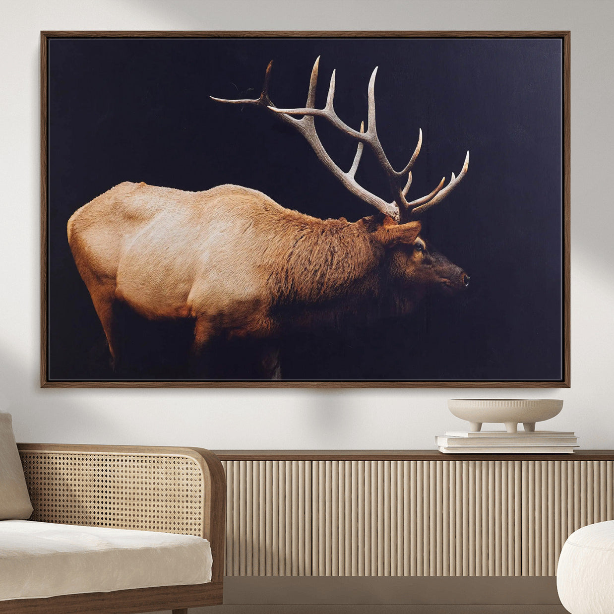89239257-MGV-FC-36X24 - Rustic Elk Wall Art Canvas Print – Framed Moody Wildlife Art Picture Western Animal Artwork for Home, Office